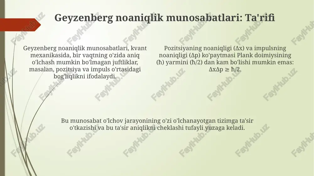 si juda katta aniqlikda o'lchanishi mumkin. vaqt va energiya o'rtasidagi noaniqlik munosabati, δe δt ≥ ħ/2, vaqtga nisbatan uning o'lchash aniqligini ifodalamaydi; balki energiya holatining umrini bildiradi. noaniqlik printsipining chegaralari noaniqlik prinsipi klassik fizikaga o'tishda kamayadi. makroskopik obyektlar uchun noaniqlik juda kichik, shuning uchun ħ qiymati ularning harakatiga sezilarli ta'sir ko'rsatmaydi. noaniqlik prinsipining energiya va vaqtga nisbatan chegaralari, δeδt ≥ ħ/2, faqatgina o'lchash vaqti juda qisqa bo'lganda, energiya noaniqligini belgilaydi, lekin doimo ham emas. garchi pozitsiya va impuls noaniqligi δxδp ≥ ħ/2 bilan chegaralangan bo'lsa-da, bu boshqa o'lchovlar bir vaqtda aniq bo'lishiga to'sqinlik qilmaydi, agar ular kommutatsiya qilmasa. energiya-vaqt noaniqligi energiya-vaqt noaniqligi energiyani ∆e vaqt oralig'ida ∆t aniqlik bilan o'lchashda cheklovlar qo'yadi, ularning ko'paytmasi h/4π dan katta yoki unga teng bo'ladi. qisqa vaqt oralig'ida barqaror bo'lmagan zarralar ∆t, noaniq energiya ∆ega ega bo'ladi, bu esa zarra massasining kengroq taqsimlanishiga (kengayishiga) olib keladi. energiya-vaqt noaniqligi tunnel effektini tushuntiradi: zarralar energiya to'sig'idan …