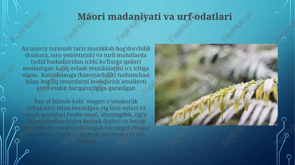 u uy-joy, ishsizlik (ba'zi hududlarda 15% gacha), sog'liqni saqlash va ta'limga kirish (1-3 desil maktablar ko'p) kabi muammolarga olib keladi yer urushlari va konfiskatsiya yer olinganlar tufayli ngāti toa, te āti awa, ngāti maniapoto ivilari (qabilalari) jiddiy zarar ko'rdi. gate pā (1864), rangiriri (1863)dagi janglar katta yer yo'qotishlariga olib keldi. madaniy o'zlik va iqtisodiy rivojlanishga ta'siri hozir ham davom etmoqda. 1840-1870-yillar: yangi zelandiya urushlari, maori yerlarining tortib olinishi (masalan, uaykato, taranaki, 1 million akr). uaytangi shartnomasining buzilishi mojarolarni kuchaytirdi; toj kuchlari, ngai tahu qarshiligi. yer yo'qotishi maorilarning iqtisodiy va ijtimoiy tuzilmalariga ta'sir ko'rsatdi. qishloq maorilarining hayoti e'tiboringiz uchun rahmat @taqdimot_robot image3.jpg image4.jpg image5.jpg image6.jpg image7.jpg image8.jpg image9.jpg image10.jpg image11.jpg image12.jpg image13.jpg image14.jpg image15.jpg image16.jpg image17.jpg image18.jpg image19.jpg image2.png