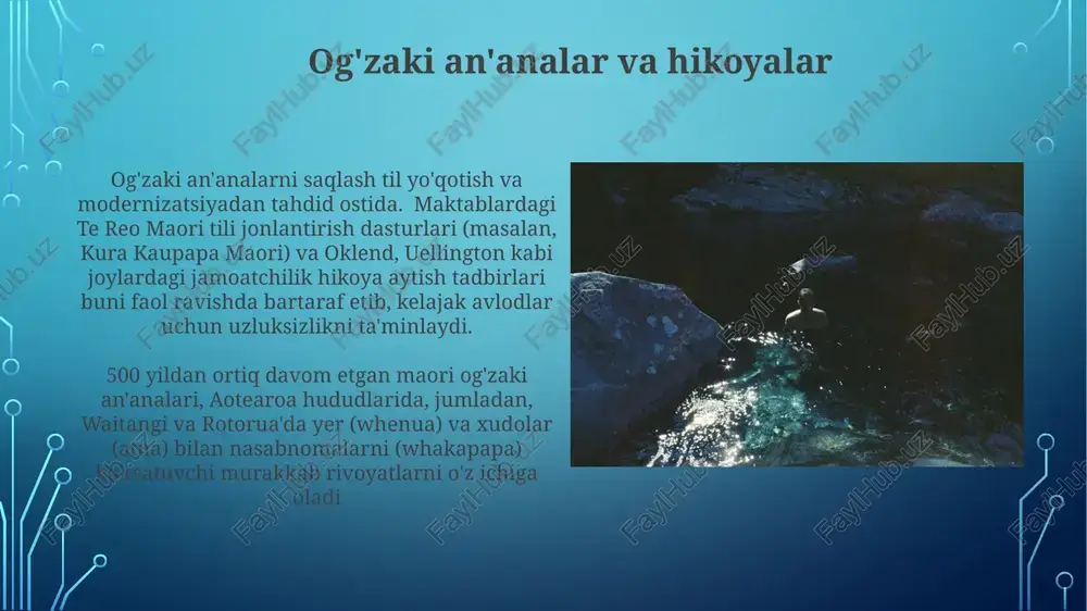 arni boshqargan tinch okeani orollari ta'siri lapita sopol parchalarining bay of islandsdan chatam orollarigacha bo'lgan ko'plab joylarda topilishi erta polineziyalik aloqalarni ko'rsatadi; maori va boshqa polineziya tillarini lingvistik tahlili umumiy ajdod va umumiy lug'atni ochib beradi, bu madaniy uzatishni ta'kidlaydi polineziya dengiz safar an'analari maori va moriori madaniyatlariga katta ta'sir ko'rsatdi; ikki qavatli qayiqlar (waka) tinch okeani bo'ylab ko'chishga yordam berdi, 1280 yilda aotearoa (yangi zelandiya)ga yetib keldi va shimoliy orolning sharqiy sohilida dastlabki aholi punktlarini tashkil qildi māori sanʼati va dizayni (taonga) maori madaniyatining etnografik tadqiqoti migratsiya (vaka sayohatlari), joylashuv naqshlari (pa saytlari), resurslarni boshqarish (kaytiakitanga) va qabilalararo munosabatlar orqali shakllangan boy tarixni ochib beradi zamonaviy maori san'ati an'anaviy uslublarni zamonaviy ifodalar bilan uyg'unlashtiradi. shane cotton va robyn kahukiwa kabi rassomlar maori motiflari va hikoyalarini turli formatlarda – rasm, haykaltaroshlik, grafikada qo'llaydilar. bu globalizatsiyaga moslashib, ajdodlar bilimlarini saqlab qolgan dinamik madaniy o'zlikni aks ettiradi e'tiboringiz uchun rahmat @taqdimot_robot image3.jpg …