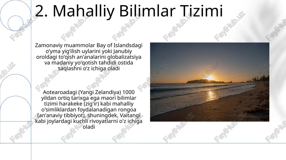 variantlari) va badiiy uslublarni (masalan, o'ymakorlik, to'qish) rivojlantirdi. yirik uy hayvonlarining yo'qligi qurilishda (pā, mustahkamlangan qishloqlar) va urushda (qurollar, taktika) innovatsion texnologiyalarni yaratishga olib keldi yevropa oldidan maori jamiyati yangi zelandiyaning shimoliy (te ika-a-maui) va janubiy (te waipounamu) orollarida turli iwi (qabilalar)dan iborat bo'lib, murakkab ijtimoiy ierarxiyalar (rangatira, ariki) va qarindoshlik tizimlari (hapū) bilan rivojlangan bog'dorchilik (kumara, taro) va baliq ovini amalga oshirgan 17.yer urushlari va qarshilik ngāti toa, ngāti maniapoto, te arawa: qarshilikda qatnashgan asosiy qabilalar; strategik ittifoklar va o'zgarib turuvchi sodiqlik urushlarni shakllantirdi; turli darajadagi ishtirok va ta'sir. pā (mustahkamlangan qishloqlar) va partizan taktikasidan foydalangan qurollangan to'qnashuvlar. toj tojlar: britaniya armiyasi, mustamlaka militsiyasi va mahalliy politsiyasi; yuqori qurollanish (miltiqlar, toplar); notekis kuch balansi; harbiy g'alabalaridan keyin yerlar tortib olinishi bir qancha iwi va hapū (kichik qabilalar)ni ko'chirish va ijtimoiy tartibsizliklarga olib keldi. e'tiboringiz uchun rahmat @taqdimot_robot image1.png image2.jpg image3.jpg image4.jpg image5.jpg image6.jpg image7.jpg image8.jpg image9.jpg image10.jpg image11.jpg image12.jpg …
