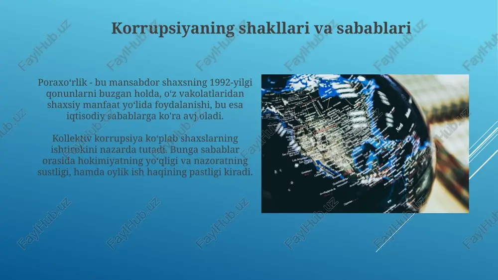 i saqlash va ta'limni zaiflashtiradi hamda jamiyatda norozilikni keltirib chiqaradi. transmilliy uyushgan jinoyatchilik 200 milliard dollardan ortiq daromad oladi, bu esa davlat nazoratini zaiflashtirishi, siyosiy barqarorlikni buzishi va terrorchilikni moliyalashtirishi mumkin. kelajak tendentsiyalari va prognozlar raqamli texnologiyalar rivojlanishi korrupsiyaning yangi shakllarini, xususan, kriptovalyutalar orqali pul yuvishni 2030 yilgacha kuchaytiradi, bu esa aniqlash va oldini olishni qiyinlashtiradi. iqlim o'zgarishi sababli resurslar tanqisligi transmilliy jinoyatchilikni 2025 yilgacha oshiradi, chunki noqonuniy qazib olish va savdo resurslar uchun kurashni kuchaytiradi. e'tiboringiz uchun rahmat image1.png image2.jpg image3.jpg image4.jpg image5.jpg image6.jpg image7.jpg image8.jpg image9.jpg image10.jpg image11.jpg image12.jpg image13.jpg image14.jpg image15.jpg image16.jpg