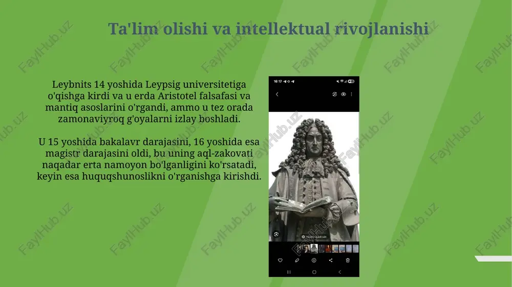 radi. savol-javoblar leibnizning asosiy g'oyalarini tushunish uchun monadologiya, teoditsiya va infinitesimal hisob kabi 3 ta asosiy tushuncha bo'yicha savol-javoblar muhim ahamiyatga ega. leibnizning axborotni tashkil etish va kutubxonashunoslikka qo'shgan hissasi haqida 5 ta muhim savolga javob berish orqali uning intellektual merosini chuqurroq anglash mumkin. adabiyotlar leibnizning 'monadologiya' (1714) asari uning metafizik qarashlarini, jumladan, fundamental monadalar tushunchasini yoritadi va falsafiy tahlil uchun asosiy manba hisoblanadi. leibnizning 'teoditsiya' (1710) asari xudoning adolatini yomonlik muammosi kontekstida muhokama qiladi va bu mavzu bo'yicha chuqur falsafiy tadqiqotlar uchun muhim adabiyotdir. minnatdorchilik leybnits ko'pincha o'z hamkasblariga nisbatan minnatdorchilik bildirgan, ularning g'oyalarini tan olgan va 1675-yilda gyuygensning matematikaga oid yordami uchun ochiqchasiga tashakkur izhor etgan. leybnits turli homiylarga, masalan, gannover gertsoglariga minnatdorchilik bildirish orqali moddiy yordam olishda mahorat bilan foydalangan, ularning ko'magi uning 1690-yillarda tadqiqot olib borishiga imkon bergan. e'tiboringiz uchun rahmat image1.png image2.jpg image3.jpg image4.jpg image5.jpg image6.jpg image7.jpg