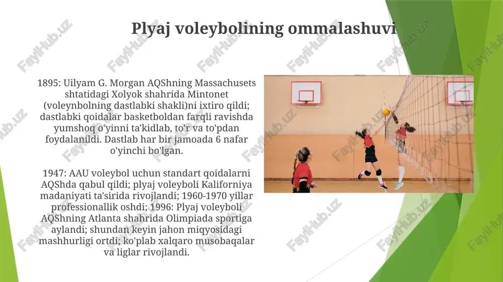 lobal tarqalish. ikkinchi jahon urushidan keyin: 1947-yilda xalqaro voleybol federatsiyasi (fivb) tashkil topdi; qoidalar standartlashtirildi; 1964-yil tokio olimpiadasi; olimpiadadagi debyut global mashhurlikni oshirdi, millionlab ishtirokchilar, turli kort yuzalari (qum, o't, yopiq). 25 ochkolik o'yinlar standartga aylandi. e'tiboringiz uchun rahmat @taqdimot_robot image1.jpg image2.jpg image3.jpg image4.jpg image5.jpg image6.jpg image7.jpg image8.jpg image9.jpg image10.jpg image11.jpg image12.jpg