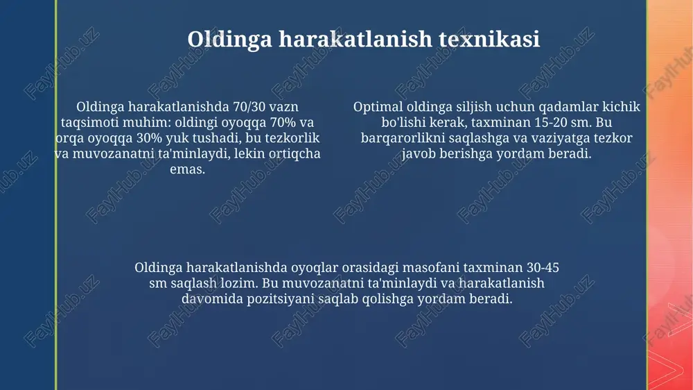 ushbu harakatlarni o'zini himoya qilishda qo'llash o'zini himoya qilishda oldinga harakat qilish, masofani qisqartirib, nazoratni tiklashga imkon beradi, lekin 2 metrdan yaqinlashmaslik xavfsizlikni ta'minlaydi. o'zini himoya qilishda, 360 graduslik mudofaa pozitsiyasini saqlash muhim, chunki u potensial hujumchilarni aniqlashga va tezkor reaksiya qilishga imkon beradi. tezkor chapga va o'ngga siljish hujumchining hujumini oldini olishga yordam beradi; taxminan 70% hollarda bir qadam bilan xavfdan qochish mumkin. jismoniy tayyorgarlik va mashqlar chidamlilikni oshirish uchun interval treningi 30 soniyalik yuqori intensivlikdagi sprintlarni 15 soniyalik dam olish bilan 10-15 marta takrorlashni o'z ichiga oladi, bu esa oyoq mushaklarining kuchini oshiradi. kuchaytirish mashqlari dumbellar bilan bajariladigan 3 x 12 ta o'pka, tana a'zolarining barqarorligini oshirish uchun mo'ljallangan asosiy mashqlar va muvozanat uchun bir oyoqda turishni o'z ichiga oladi. egiluvchanlik uchun dinamik cho'zishlar 5-10 ta aylana harakatlari bilan oyoq aylanmalari va tizzalarni ko'tarishni o'z ichiga oladi, so'ngra har bir oyoqqa 30 soniyadan statik cho'zishlar mashqlarni samaraliroq qiladi. …