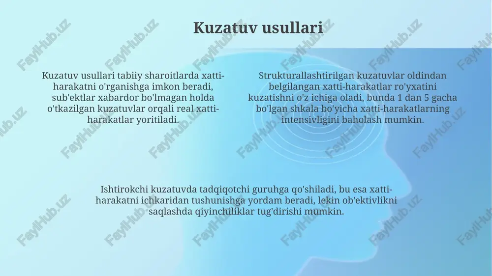 lgi nyurnberg kodeksi kabi tamoyillarga muvofiq, ularning roziligi va tadqiqot haqida yetarli ma'lumot olishlari kerak. ziyon yetkazmaslik tamoyili, agar salbiy ta'sir ehtimoli bo'lsa, tadqiqotni to'xtatish yoki o'zgartirish kerak, bu esa manfaatdor tomonlarning farovonligini ta'minlaydi, 5-bob apa axloq kodeksida ko'rsatilgan. maxfiylik va anonimlikni ta'minlash, ayniqsa, nozik ma'lumotlar to'planganda, shaxsni aniqlash imkoniyatini yo'qotish, 45 cfr 46 kabi qonunlar bilan himoyalangan. ma'lumotlarni tahlil qilish faktor tahlili katta ma'lumotlar to'plamini soddalashtiradi, o'zgaruvchilarni umumiy omillarga birlashtirib, murakkab psixologik konstruktlarni tushunishni osonlashtiradi. ma'lumotlarni tahlil qilishda t-testlar kabi statistik usullar ikki guruh o'rtasidagi o'rtacha farqni aniqlashga yordam beradi, p-qiymati esa natijaning ahamiyatliligini ko'rsatadi. regression tahlili o'zgaruvchilar o'rtasidagi munosabatlarni o'rganadi, masalan, motivatsiya va o'qish ko'rsatkichlari o'rtasidagi bog'liqlikni aniqlash uchun r-kvadratdan foydalaniladi. tadqiqot dizayni va sifatli tadqiqotlar tadqiqot dizayni muammoni hal qilish uchun strategik asosni o'z ichiga oladi. misol uchun, 'kesma' dizayni ma'lum bir vaqtda 100 nafar ishtirokchining ma'lumotlarini yig'adi. sifatli tadqiqotlar kontekstni chuqur tushunish uchun ishlatiladi. etnografiya bir …