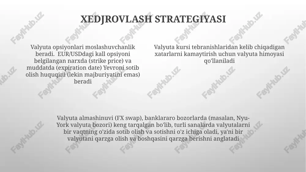 , usd/jpy, gbp/usd asosiy valyuta juftliklari; operatsiyalar reuters va bloomberg kabi platformalar orqali elektron tarzda amalga oshiriladi. savdo platformalari katta banklar (masalan, citibank, deutsche bank, barclays) kuniga 5 trillion dollardan ortiq bitimlarni amalga oshiradigan banklararo bozor operatsiyalari valyuta kurslarini belgilaydi tartibga soluvchi mexanizm valyuta bozori operatsiyalari spot savdo, forvardlar, svoplar, fyucherslar va opsiyon kontraktlarini o'z ichiga oladi. tranzaksiya hajmi sezilarli darajada farq qiladi, mayda chakana bitimlardan tortib, kunlik 1 trillion dollardan oshadigan ulkan banklararo bitimlarigacha bozor yaxlitligini saqlash, manipulyatsiyani oldini olish va tizimli xavfni kamaytirish maqsadida tartibga solish nazorati amalga oshiriladi. qoidalar pozitsiya limitlarini, yirik bitimlarni hisobot berish talablarini va yuqori chastotali savdoga (yuchs) cheklovlarni o'z ichiga oladi bozor yaxlitligini saqlash, manipulyatsiyani oldini olish va tizimli xavfni kamaytirish maqsadida tartibga solish nazorati amalga oshiriladi. qoidalar pozitsiya limitlarini, yirik bitimlarni hisobot berish talablarini va yuqori chastotali savdoga (yuchs) cheklovlarni o'z ichiga oladi tranzaksiya xarajatlari valyuta bozoridagi tranzaksiya xarajatlari bank to'lovlarini (masalan, …