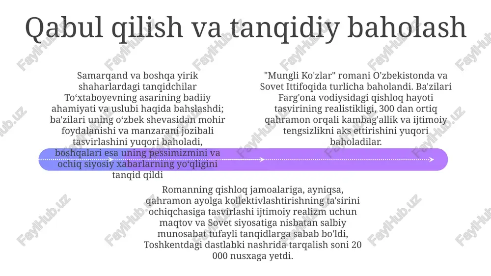 va jamiyat kutilmalari. munglining azobi toʻxtaboyevning kolxozlashtirish ta'siridagi ayollarning cheklangan imkoniyatlari va ogʻir hayotiga misol. yer munozarasi va ijtimoiy iyerarxiya bilan bogʻliq fojiali taqdiri dahshatli oqibatlarni koʻrsatadi. qo'llab-quvvatlovchi personajlar tahlili qahramonning ta'siri kuchli bo'lsa-da, asosiy qatnashchi emas, to'xtabayev o'zbekistonining geografik sharoitida patriarxal hokimiyat va jamiyat cheklovlarini ifodalovchi kuchli shaxs (ehtimol mahalliy amaldor yoki oqsoqol) qahramonning hayotiga bilvosita ta'sir qiladi xudoyberdi toʻxtaboyevning "mungli koʻzlar"ida qahramonning hissiy rivojlanishiga taʼsir etuvchi, 1960-yillardagi oʻzbek qishlogʻining nomsiz, ammo yorqin tasvirlangan aholisi kabi muhim ikkinchi darajali qahramonlar bor. ularning jimligi va nozik harakatlari orqali ijtimoiy bosim aks etadi qahramonning yaqin do'sti yoki qarindoshi (masalan, qo'shni yoki opa-singil) kabi ikkinchi darajali qahramonlar cheklangan yordam ko'rsatib, qahramonning yolg'izligi va ojizligini aks ettiradi muallif hayoti va tarjimai holi xudoyberdi toʻxtaboyev (1927, samarqand), sovet davri oʻzbek yozuvchisi, 60-yillardagi oʻzbekistonning ijtimoiy-siyosiy manzarasini aks ettiruvchi "mungli koʻzlar" romanini yozgan. roman samarqand va toshkent viloyatlaridagi qishloqlardagi odamlar va oilalarga ta'sir koʻrsatgan qishloq hayoti, …