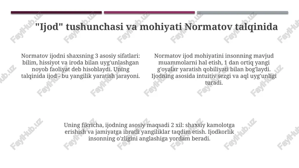 ta'siri bahsli. yangi misollar bilan to'ldirish yoki mavjudlarini qayta tahlil qilish zarur. normatovning ijodiy jarayon bosqichlari ta'rifi 100% universalmi? turli sohalardagi ijodkorlar uchun mos kelish darajasi munozarali. bu faktni chuqurroq o'rganish kerak. asarda inson omilining ijodga ta'siri haqida aytilgan fikrlar, 21-asr texnologiyalari davrida qanchalik dolzarb? sun'iy intellekt ijodga qanday ta'sir qiladi? xulosa: ijodning normatovcha sehri normatov ijodning mohiyatini inson ruhiyatining 1-darajali aks etishi, 2-murakkab psixologik jarayonlar bilan bog'liqligida ko'radi va bu sehri inson ichki olamida namoyon bo'ladi. umarali normatovning ijod sehri 3 asosiy elementga asoslanadi: 1) ilhom, 2) mehnat, 3) natija. ijodkorning shaxsiy intilishlari va mahorati asosiy omil hisoblanadi. normatov talqinida ijod – bu 4 o'lchovli jarayon bo'lib, u o'zida g'oya, izlanish, amaliyot va natijani mujassam etadi, insonning kamolotga erishuvining muhim vositasidir. e'tiboringiz uchun rahmat