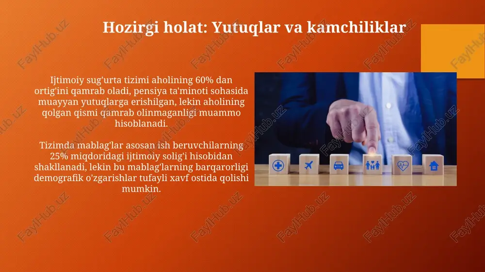 'rsatkichlari) va maqsadli ko'rsatkichlarni belgilash, natijalarni muntazam kuzatib borish zarur. ma'lumotlarni yig'ish va tahlil qilish uchun zamonaviy texnologiyalardan (masalan, katta ma'lumotlar, sun'iy intellekt) foydalanish, prognozlash modellarini ishlab chiqish va dasturlarni optimallashtirish muhim. aholining xabardorligini oshirish va kelajakdagi strategiyalar aholining xabardorligini oshirishda ijtimoiy roliklar, 24/7 onlayn maslahatlar va mahalliy tillarda tushuntirishlar kabi 360 gradusli kampaniyalar o'tkazish kerak. kelajak strategiyalari ijtimoiy sug'urtani 100% raqamlashtirish, ai yordamida risklarni aniqlash va proaktiv xizmatlarni taqdim etishni o'z ichiga oladi. e'tiboringiz uchun rahmat image4.png image3.png image5.jpg image6.jpg image7.jpg image8.jpg image9.jpg image10.jpg image11.jpg image12.jpg image13.jpg image14.jpg image15.jpg image16.jpg image17.jpg image18.jpg image19.jpg image1.png