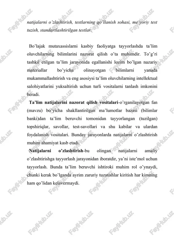 hamma ta’lim oluvchilarda bir xil qiyinchilikdagi savollar berilib, hammasiga bir xil sharoit yaratiladi; · test natijalarini ta’lim beruvchi tomonidan tezkorlik bilan (operativ) tekshirish mumkin; · turli guruhdagi ta’lim oluvchilar bilimini solishtirish, qo’llanilayotgan metodning samaradorligini aniqlash mumkin; · ta’lim jarayonida uchraydigan kamchiliklarda aniqlash mumkin. ta’lim natijalarini baholashda reyting tizimining test usuli keyingi paytlarda iste’molda keng foydalanilmoqda. test-biror bir faoliyatni bajarish uchun ma’lum darajadagi bilimni egallashga qaratilgan topshiriqdir. test to’g’ri bajarilganligini o’lchash va baholash maqsadida har bir testga ekspert metodi yordamida etolon ishlab chiqiladi. umuman olganda test so’zi inglizchadan olingan bo’lib, u sinov, tekshirish, tadqiqot ma’nolarini bildirib “sinalayotgan shaxsning psixologik xususiyatlarini, shuningdek, intellektual rivoji, qobiliyati va malakasini tekshirishda qo’llaniladigan standart mashqlar” demakdir. pedagogik va uslubiy adabiyotlarni tahlil qilish natijasida didaktik testlar quyidagi ikki guruhga ajratiladi: · nazariy bilimlarni nazorat qiluvchi, malaka va qobiliyatlarni tekshiruvchi o’zlashtirish testlari; · real o’quv imkoniyatlari bo’yicha (yu.babanskiy) diagnostika testlari hamda umumiy va maxsus (masalan, mikro yoki makro …