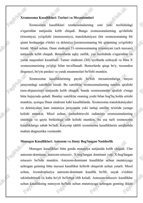 i bilan bog'liq (cvs uchun taxminan 1%, amniotsentez uchun 0.5%). invaziv testlar, shuningdek, homila dnksining to'liq genetik tahlili (ekzom yoki genom sekvensiyasi) uchun material taqdim etishi mumkin, bu esa kam uchraydigan yoki aniqlanmagan irsiy kasalliklarni aniqlashga yordam beradi. gen terapiyasi va farmakogenomika: irsiy kasalliklarni davolashdagi innovatsiyalar gen terapiyasi irsiy kasalliklarni davolashning istiqbolli yo'nalishi bo'lib, kasallikka sabab bo'luvchi genning o'rnini to'g'ri gen bilan almashtirish yoki gen funksiyasini o'zgartirishni nazarda tutadi. gen terapiyasi, odatda, virusli vektorlar orqali amalga oshiriladi, ular terapevtik genni hujayralarga yetkazib beradi. muayyan irsiy kasalliklar uchun gen terapiyasi muvaffaqiyatli natijalarga erishdi, masalan, spinal mushak atrofiyasi (sma) uchun zolgensma kabi gen terapiyasi vositasi mavjud. gen terapiyasining xavflari orasida immunitet reaktsiyasi va vektor integratsiyasi natijasida saraton kasalligining rivojlanishi xavfi bor. farmakogenomika genetik o'zgarishlarning dori vositalariga bo'lgan javobiga ta'sirini o'rganadi. bu shifokorlarga irsiy kasalliklari bo'lgan bemorlar uchun dori vositalarini tanlash va dozalashni shaxsiy ehtiyojlariga moslashtirish imkonini beradi. masalan, ba'zi bemorlarda cyp2c19 genidagi …