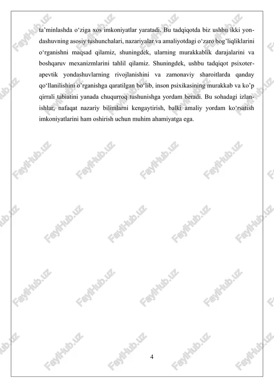erapiya ilmiy-amaliy jihatlarini mustahkamlash, ularning samaradorligini tekshirish va zamonaviy talablarga moslashtirish uchun izlanishlar olib borilmoqda. neyronauka va kognitiv psixologiya sohasidagi ilg'or tushunchalar ushbu yo'nalishlarning nazariy asoslarini va texnikalarini yanada rivojlantirishga yordam bermoqda. masalan, neyrofiziologik tadqiqotlar insonning bessoznatelnoe jarayonlarida miyadagi qanday o'zgarishlar bo'lishini aniqlashga yordam bermoqda. shu bilan birga, geshtalt-terapiyada hozirgi fikrlash va qabul qilish usullari kognitiv-reaktiv usullar bilan birlashgan holda, ruhiy muammolarni davolashda yangi imkoniyatlar yaratmoqda. har ikki yo'nalish — psixoanaliz va geshtalt-terapiya — insonning ichki dunyosiga chuqur kirishga yordam beradi, ularning faoliyati ruhiy salomatlikni yaxshilash, stress va ruhiy qaltiratlar bilan ishlashda samarali bo'ladi. ularning har biri o'zining ijobiy va cheklovlariga ega bo'lib, terapevt va mijoz o'rtasidagi ishonch va hamkorlik muhitini shakllantirishda muhim rol o'ynaydi. mazkur yo'nalishlarning integratsiyasi — bu kelgusida ruhiy salomatlikni yaxshilashda yangi imkoniyatlar ochadi, chunki ular insonning psixikasining turli qirralarini o'rganishda va ularni mustahkamlashda o'zaro to'ldiruvchi rol o'ynaydi. ii. nazariyalar va amaliyot o‘rtasidagi muvozanatni o‘rganish nazariyalar va …