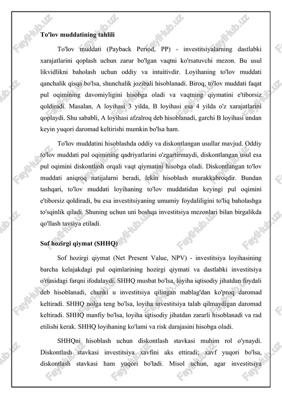 stitsiyalarning qoplash uchun ketadigan vaqtni ko'rsatadi, tushunish oson. pul oqimlarining vaqt qiymatini hisobga olmaydi, qoplash muddatidan keyingi pul oqimlarini e'tiborga olmaydi. tez likvidlikni talab qiladigan loyihalarni baholash, dastlabki screening uchun foydali. rentabellik indeksi (ri) investitsiya qilingan har bir so'm uchun yaratilgan qiymatni ko'rsatadi, shhq bilan bog'liq. loyihaning hajmini hisobga olmaydi, loyihalarni taqqoslashda murakkab bo'lishi mumkin. byudjet cheklovlari mavjud bo'lganda loyihalarni tanlash, resurslarni samarali taqsimlash. rentabellik indeksi (ri) rentabellik indeksi (profitability index, pi) - investitsiya loyihasining kelajakdagi pul oqimlarining hozirgi qiymatini dastlabki investitsiyaga nisbatini ifodalaydi. agar ri 1 dan katta bo'lsa, loyiha foydali hisoblanadi, chunki hozirgi pul oqimi dastlabki investitsiyadan yuqori. agar ri 1 ga teng bo'lsa, loyiha daromad keltirmaydi. agar ri 1 dan kichik bo'lsa, loyiha zararli hisoblanadi. masalan, agar investitsiya loyihasining kelajakdagi pul oqimlarining hozirgi qiymati 120 million so'm va dastlabki investitsiya 100 million so'm bo'lsa, ri 1.2 ga teng bo'ladi, bu loyihaning foydaliligini ko'rsatadi. ri bir nechta loyihalarni …