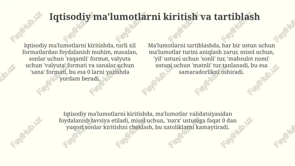 apital tengligini ta'minlaydi. moliyaviy tahlilda spreadsheetlar npv (net present value) va irr (internal rate of return) kabi investitsiya ko'rsatkichlarini hisoblash, shuningdek, 5 yillik moliyaviy prognozlarni yaratishda muhim rol o'ynaydi. marketingda spreadsheetlar savdo ma'lumotlarini tahlil qilish, mijozlar segmentlarini aniqlash va kampaniya samaradorligini o'lchash uchun ishlatiladi, bunda roi (return on investment) va konversiya darajasini hisoblash imkonini beradi. afzalliklari va kamchiliklari afzalliklardan biri - oddiy interfeys va foydalanish qulayligi, bu iqtisodiy ma'lumotlarni kiritish va tahlil qilishni 10 barobar osonlashtiradi, lekin katta hajmdagi ma'lumotlar bilan ishlashda qiyinchiliklar tug'dirishi mumkin. ma'lumotlarni vizuallashtirish uchun grafik va diagrammalarni yaratish imkoniyati tahlil natijalarini 100 foiz yaxshiroq tushunishga yordam beradi, ammo ma'lumotlar xavfsizligi masalalari ham mavjud. spreadsheet dasturlari formulalar va funksiyalarning keng doirasiga ega bo'lib, 99% iqtisodiy ko'rsatkichlarni avtomatik hisoblashga imkon beradi, biroq murakkab modellar yaratishda cheklovlar mavjud. maslahatlar va tavsiyalar pivot jadvallardan unumli foydalanishni o'rganing. bu sizning iqtisodiy ma'lumotlaringizni tahlil qilish va umumlashtirishning eng kuchli usullaridan biridir. eng …