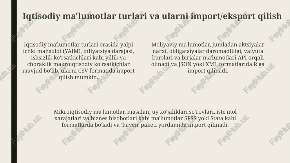 ari ochiq kodli hamjamiyatlar, keng qamrovli hujjatlar, cran paketlari va 1000 dan ortiq onlayn darsliklar va video-darsliklarni o'z ichiga oladi, bu esa mahoratni oshirishga yordam beradi. xulosa qilib aytganda, r iqtisodiy ma'lumotlar tahlili uchun muhim vositadir, bu tahlilchilarga tushunchalarni olish, prognozlarni yaratish va siyosiy qarorlarni ma'lumotlar asosida qabul qilish imkonini beradi. e'tiboringiz uchun rahmat