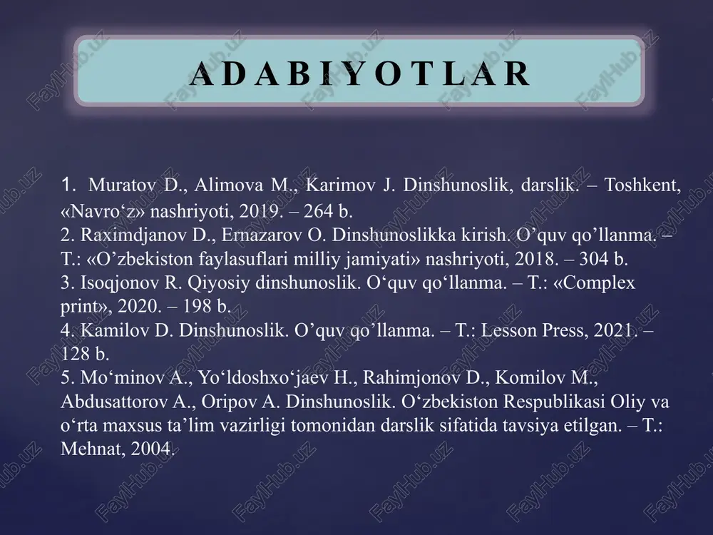 ning qaytish haqida va boshqa aqidalarni o’z ichiga oladi. xristian jamoasining shakllanishi, uning aqidalarini tartibga solinishi, cherkov munosabatlarining ishlab chiqilishi, diniy tabaqalar tuzimining vujudga kelishi eramizning iv asr boshlarida 324 yili xristianlik rim imperiyasida davlat dini deb e’lon qilinganidan so’ng amalga oshdi. 12 musoga tegishli bo’lgan, besh kitob “tavrot” deb ataladi va u quyidagi kitoblarga bo’linadi: 1. “borliq” yoki “ibtido” 2.“chiqish”; 3.“levit” 4.“sonlar”; 5. “ikkinchi qonun”. 14 { xristianlir dinida xudoning uch qiyofasi quyidagilardan iborat: ota (boshlanishi bo‘lmagan boshlang‘ich asos) muqaddas ruh (jonlantiruvchi tamoyil) o‘g‘il yoki logos (mazmun va shakl beruvchi tamoyil) cho‘qintirish (kreshenie – suvga botirish). xristianlik ta’limotiga ko‘ra, cho‘qintirish orqali kishi dinga qabul qilinadi, ya’ni cherkov a’zosiga aylanadi. bu marosim insonni uch marotaba suvga botirish yoki boshidan suv quyish bilan birga, ruhoniy tomonidan maxsus so‘zlarni aytish orqali amalga oshiriladi. injilga ko‘ra, cho‘qintirish va muqaddas ruhning kelishi osmondan tug‘ilishning maxsus shartlaridan biridir. uning asosi sifatida injildan misollar keltiriladi: “iso …