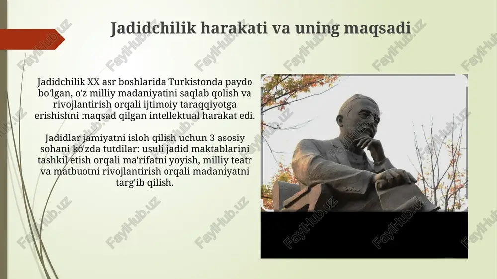 a aylantirildi, ularning ta'limiy faoliyati butunlay to'xtatildi va arxivlar yo'q qilindi. avloniy merosining o'rganilishi va ahamiyati avloniyning pedagogik merosi 20-asr boshidagi milliy maktablar tajribasini o'rganishda muhim ahamiyatga ega, ayniqsa 'turkiy guliston yoxud axloq' asari axloqiy qarashlarni yoritadi. avloniyning adabiy merosi, jumladan 'advokatlik osonmi?' pyesasi, 1910-yillarda jamiyatdagi ijtimoiy muammolarni, xususan, huquqiy adolatsizlikni tanqidiy tahlil etish uchun qimmatlidir. hozirgi kunda avloniy g'oyalarining dolzarbligi avloniyning ta'limga oid ilg'or g'oyalari, ayniqsa, 21-asr pedagogikasida bolaga yo'naltirilgan o'qitish usullarini joriy etishda muhim ahamiyatga ega. milliy o'zlikni anglash, vatanparvarlik va ma'naviy qadriyatlarni shakllantirish avloniy asarlarida 1904-1934 yillarda ko'rsatilganidek, bugungi yosh avlod tarbiyasida ham dolzarbdir. xulosa: abdulla avloniyning jadid maktablarini rivojlantirishdagi beqiyos o'rni avloniyning 1904-yildan boshlab turkistonda ochilgan jadid maktablari ta'lim uslubini tubdan o'zgartirdi, zamonaviy pedagogikani joriy etib, milliy uyg'onishga hissa qo'shdi. uning 'turkiy guliston yoxud axloq' (1909) asari jadid maktablarida axloqiy tarbiya uchun muhim qo'llanma bo'lib, o'quvchilarni vatanparvarlik ruhida tarbiyalashga xizmat qildi. e'tiboringiz uchun rahmat image1.png image2.jpg …