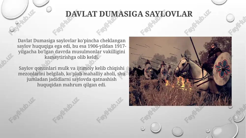 rini himoya qilishga intilishgan. jadidlar, xususan, ta’lim islohotlari, madaniy avtonomiya va diniy erkinlik kabi masalalarni ko'tarib, 1907 yilgi duma minbaridan milliy o'zlikni anglash uchun kurashdilar. jadid deputatlarning asosiy maqsadlari jadid deputatlarning asosiy maqsadi musulmon aholi uchun ta'lim tizimini isloh qilish, ya'ni usuli jadid maktablarini kengaytirish va ularning sifatini oshirish edi. ular shuningdek, musulmonlarning diniy va madaniy huquqlarini himoya qilishga intilishgan, bu orqali milliy o'zlikni anglash va birlikni mustahkamlashni maqsad qilishgan. markaziy osiyoda jadidchilikning tarqalishi jadidchilik, xix asr oxiri va xx asr boshlarida, turkiston o'lkasida savdo-sotiqning rivojlanishi, matbuotning kengayishi va ta'limdagi yangiliklar orqali tez tarqaldi. o'zbek ziyolilarining rossiya imperiyasining turli shaharlaridagi o'quv yurtlarida ta'lim olishi, ularning jadid g'oyalarini markaziy osiyoga olib kirishida muhim rol o'ynadi. jadidlarning duma faoliyatiga qarshi harakatlar rossiya hukumati jadidlarning duma faoliyatiga qarshi ochiqdan-ochiq repressiya va ta'qiblar bilan javob berdi, jumladan, 1906-1917 yillarda ularning tashkilotlarini yopish va a'zolarini qamoqqa olish. konservativ va monarxistik kuchlar duma ichida va tashqarisida …