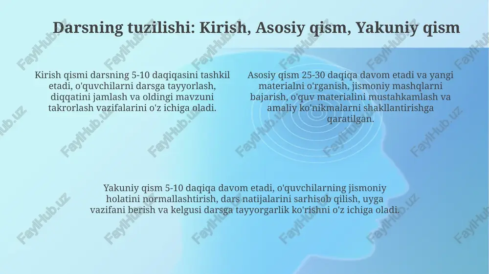 lar orqali 10-17 yoshdagi o'quvchilarda ijobiy xususiyatlar shakllanadi, masalan, o'zaro hurmat, jamoada ishlash va qiyinchiliklarni yengish qobiliyati. differensial va individual yondashuv differensial yondashuvda o'qituvchi 5-6 ta turli xildagi tayyorlangan vazifalardan foydalanadi, individual yondashuvda esa 1-2 ta maxsus ishlab chiqilgan rejalar asosida ishlaydi, natijaga e'tibor qaratiladi. differensial yondashuv o'quvchilarning 3 asosiy guruhini (yuqori, o'rta, past) aniqlaydi va har bir guruh uchun 2-3 xil qiyinchilik darajasidagi mashqlarni tanlaydi, yuklamani moslashtiradi. individual yondashuv har bir o'quvchining jismoniy tayyorgarlik darajasini, sog'lig'ini hisobga olgan holda 1-2 ta moslashtirilgan mashqlar variantini qo'llaydi, shaxsiy kamchiliklarni tuzatishga qaratiladi. innovatsion texnologiyalar va o'quvchilarning yosh xususiyatlari o'quvchilarning yosh xususiyatlarini hisobga olgan holda, 5-7 sinf o'quvchilar uchun interaktiv o'yinlar va raqamli platformalardan foydalanish ularning qiziqishini oshiradi. 10-11 sinf o'quvchilari uchun virtual reallik (vr) texnologiyalari yordamida murakkab mashqlarni bajarish xavfsiz va samarali bo'ladi, bu esa motivatsiyani oshiradi. innovatsion texnologiyalardan foydalanish, masalan, fitnes-trekerlar, o'quvchilarning jismoniy faolligini kuzatish va shaxsiy yuklamalarni aniqlash imkonini beradi, …