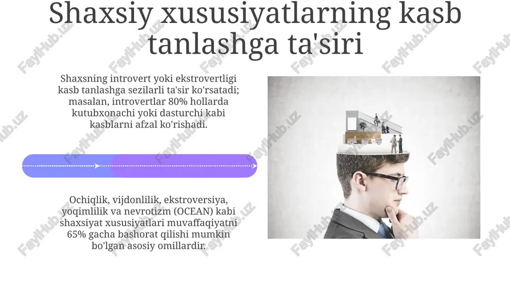 an, kasb tanlashda geografik cheklovlar kamayadi va shaxsiy qiziqishlar muhim rol o'ynaydi. texnologiyaning rivojlanishi bilan, ai va avtomatlashtirish sohasida 65% yangi kasblar paydo bo'lishi kutilmoqda, bu esa moslashuvchanlikni talab etadi. kasb tanlash sohasidagi istiqbollar kasb tanlash sohasida sun'iy intellekt 2030 yilgacha professional yo'naltirish va maslahat berishning yangi usullarini yaratadi, bu esa moslashuvchanlikni oshiradi. kognitiv testlar va psixodiagnostika usullari 2025 yilga kelib, shaxsning qobiliyatlarini aniqroq baholashga imkon beradi, kasbiy muvaffaqiyatni oldindan ko'rish imkoniyatini beradi. xulosa xulosa shuni ko'rsatadiki, kasb tanlashda individual psixologik xususiyatlar 60-70% ta'sir ko'rsatadi, kognitiv qobiliyatlar esa 30-40% rol o'ynaydi, bu muhim e'tiborga loyiq. shaxs temperamentining 4 asosiy turi (xolerik, sangvinik, flegmatik, melanxolik) va xarakter xususiyatlari kasbiy moslashuv darajasiga 85% gacha ta'sir qilishi mumkin. e'tiboringiz uchun rahmat image4.jpg image5.jpg image6.jpg image7.jpg image8.jpg image9.jpg image10.jpg image11.jpg image12.jpg image13.jpg image14.jpg image15.jpg image16.jpg image17.jpg image18.jpg image19.jpg image20.jpg image1.jpeg image2.jpeg image3.jpeg
