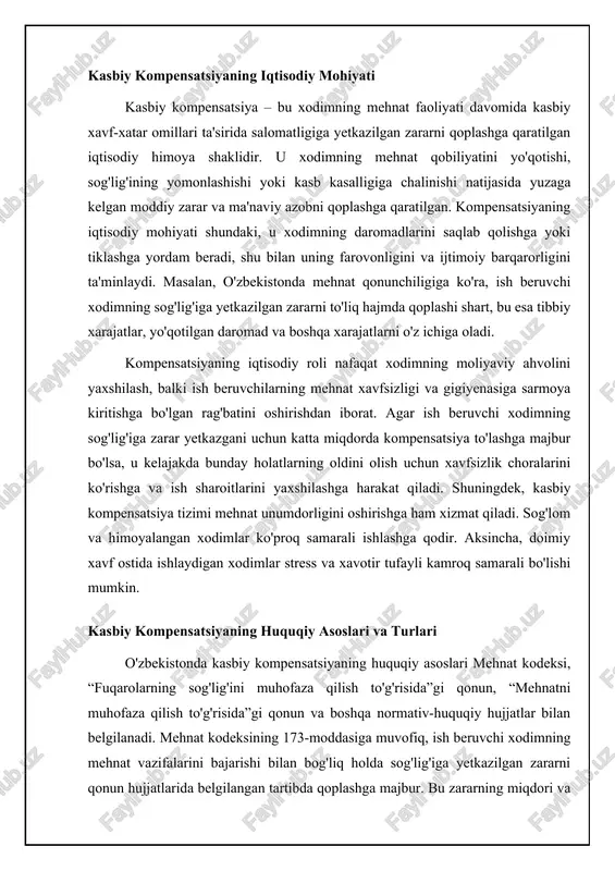 ntirish maqsadida to'lanishi mumkin. ixtiyoriy kompensatsiyalar odatda jamoa shartnomasi yoki ish beruvchining ichki qoidalarida belgilanadi. shuningdek, kompensatsiyalar pul shaklida (masalan, qo'shimcha to'lov) yoki natura shaklida (masalan, ovqatlanish bilan ta'minlash) bo'lishi mumkin. 📋 kasbiy kompensatsiya kasbiy kompensatsiya turlari, miqdori va to'lov tartibi, shuningdek, kompensatsiya turlarining tasnifi va asosiy xususiyatlari. [diagramma qo'shish xatosi: no elements provided] kompensatsiya miqdorini aniqlash va to'lash tartibi kompensatsiya miqdori har bir tur uchun alohida aniqlanadi va ko'plab omillarga bog'liq. masalan, ishlatilmagan ta'til kunlari uchun kompensatsiya xodimning o'rtacha ish haqiga asoslanib hisoblanadi. xizmat safari xarajatlari esa, faktik xarajatlar asosida, lekin qonunchilikda belgilangan me'yorlardan oshmagan holda qoplanadi. mulkiy zarar kompensatsiyasi zarar miqdoriga, lekin bozor narxlaridan oshmagan holda belgilanadi. kompensatsiya miqdorini aniqlashda hisob-kitoblar aniq va shaffof bo'lishi, shuningdek, xodimga tushunarli bo'lishi kerak. kompensatsiya to'lovlari odatda ish haqiga qo'shib to'lanadi. to'lash muddati kompensatsiya turiga va qonunchilikka bog'liq. masalan, mehnat ta'tilining kompensatsiyasi xodim ishdan bo'shatilganda, ish haqi bilan birga to'lanadi. xizmat safari …