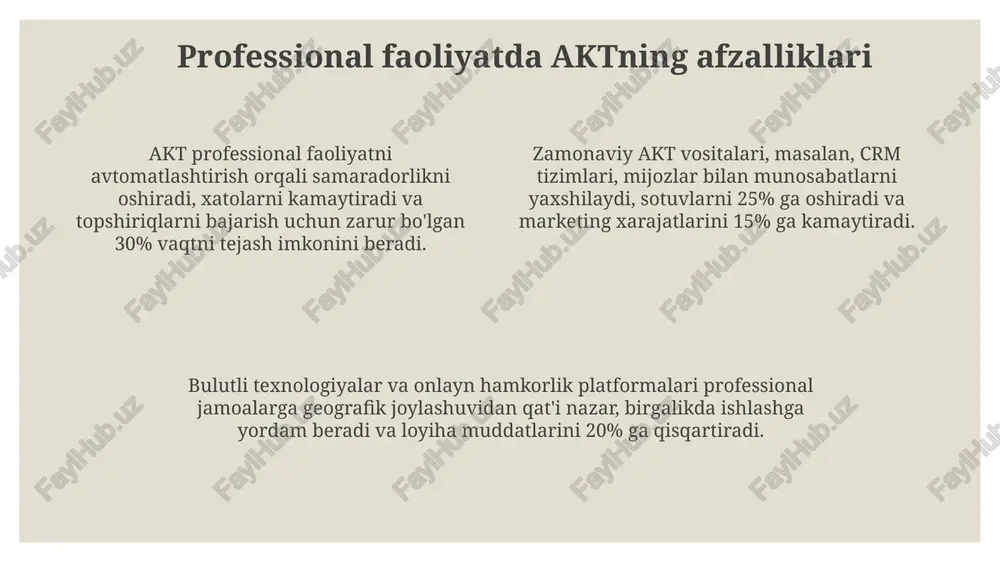 arajatlar optimallashtirildi. qishloq xo'jaligida dronlar va iot sensorlari orqali tuproq namligi, harorati va o'g'it miqdori aniqlanib, hosildorlikni 25-30% ga oshirishga erishildi. tadqiqotlar: aktning professional faoliyatga ta'siri so'rovlar shuni ko'rsatdiki, akt professional sohada aloqalarni 40% ga yaxshilaydi, tezkor fikr-mulohazalar va hamkorlikni osonlashtiradi. tadqiqotlar shuni ko'rsatdiki, aktdan foydalanish ish unumdorligini 25-30% ga oshiradi, bu esa vaqtni tejash va xarajatlarni kamaytirish imkonini beradi. akt ta'siri bo'yicha tadqiqotlar 75% mutaxassislar akt vositalari orqali samaraliroq ishlashini, xususan, ma'lumotlarga tezroq kirishni ta'kidlaydi. normativ-huquqiy ta'minot: aktdan foydalanishni tartibga solish "elektron hujjat aylanishi to'g'risida"gi 2004-yil 29-apreldagi o'zbekiston respublikasi qonuni raqam 562-ii elektron hujjatlarni qonuniy kuchga ega ekanligini belgilab beradi va ularning qabul qilish tartibini tartibga soladi. 2003-yil 11-dekabrdagi "elektron raqamli imzo to'g'risida"gi o'zbekiston respublikasi qonuni raqam 562-ii elektron raqamli imzoning huquqiy asoslarini yaratadi va hujjatlar autentifikatsiyasini ta'minlaydi. o'zbekiston respublikasining ma'muriy javobgarlik to'g'risidagi kodeksining 183-moddasiga binoan shaxsiy ma'lumotlarni qonunga xilof ravishda yig'ish, tizimlashtirish, saqlash, uzatishga javobgarlik belgilangan. akt vositalarini …