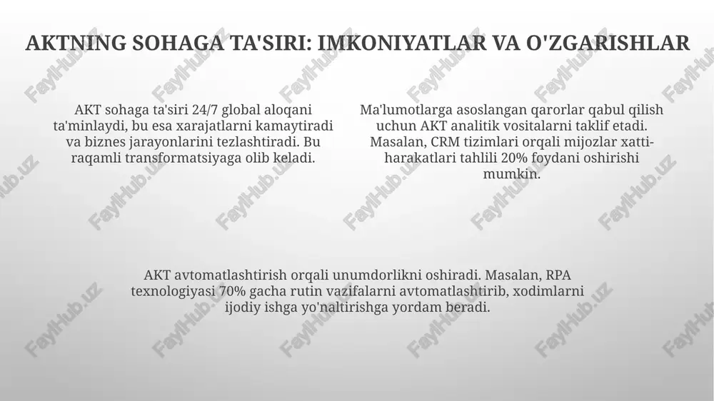 ng himoyasini ta'minlaydi. 5g texnologiyasi 2024-yildan boshlab yuqori tezlikdagi ma'lumot uzatish va aloqa imkoniyatlarini yaratadi, bu esa masofaviy ishlash va hamkorlikni 40% ga osonlashtiradi. amaliy tavsiyalar: aktni samarali qo'llash bo'yicha ish jarayonlarini avtomatlashtirish uchun kam kodli (low-code) platformalardan foydalaning, bu esa 40% vaqtingizni tejashga va xatolarni kamaytirishga yordam beradi. akt vositalarini tanlashda 70/30 qoidasiga amal qiling: 70% mavjud ehtiyojlarga mos, 30% esa kelajakdagi o'sishni qo'llab-quvvatlaydigan texnologiyalarni tanlang. ma'lumotlar xavfsizligini ta'minlash uchun ikki faktorli autentifikatsiya (2fa) dan foydalaning va har 90 kunda kamida 12 ta belgidan iborat murakkab parollarni yangilab turing. xulosa: asosiy xulosalar va keyingi qadamlar akt professional sohalarda samaradorlikni oshiradi, lekin axborot xavfsizligi choralari muhim. keyingi qadam - texnologik savodxonlikni oshirish, 5g va sun'iy intellektni integratsiya qilish. qonunchilik va axloqiy me'yorlar aktdan foydalanishni tartibga solishi zarur. ishlab chiquvchilar ma'lumotlarni himoya qilish bo'yicha o'quv kurslaridan o'tishi kerak. keyingi vazifa - huquqiy bazani takomillashtirish. so'nggi tendentsiyalar, masalan, bulutli hisoblash va iot …