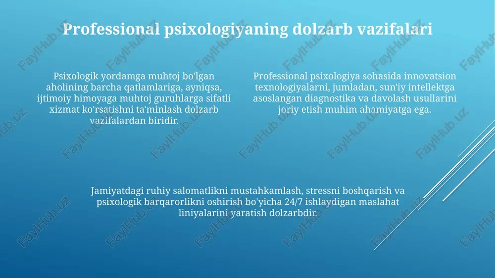 va virtual reallik yordamida keng auditoriyaga xizmat ko'rsatib, geografik to'siqlarni bartaraf etishi mumkin. rivojlanish yo'llari ilmiy-amaliy tadqiqotlarni kengaytirish, psixologiyaning turli sohalarida fundamental bilimlarni chuqurlashtirish va amaliyotga yo'naltirilgan innovatsion yechimlarni topish lozim. professional psixologiyada 21-asr talablariga mos ravishda, masofaviy ta'lim va onlayn konsultatsiyalarni rivojlantirish, axborot texnologiyalarini faol qo'llash zarur. psixologik xizmatlar sifatini oshirish uchun davlat standartlarini ishlab chiqish va amaliyotga kiritish, shuningdek, psixologlarning malakasini oshirishning uzluksiz tizimini yaratish muhim. xulosa professional psixologiyaning kelajagi raqamli texnologiyalarning integratsiyasi bilan bog'liq bo'lib, 2024 yilda onlayn maslahat va sun'iy intellekt asosidagi diagnostika usullari keng qo'llaniladi. professional psixologlar 21-asrda turli xil madaniyatlarga sezgir bo'lishi, empatiya va kommunikatsiya ko'nikmalarini rivojlantirishi, shuningdek, 2025 yilgacha moslashuvchanlikni oshirishi kerak. psixologik tadqiqotlarda etika masalalari muhim ahamiyatga ega; 3 ta asosiy printsipga rioya qilish zarur: manfaatdorlik, avtonomiya va adolat, bu esa 2023 yilgi standartlarga mos kelishi kerak. e'tiboringiz uchun rahmat