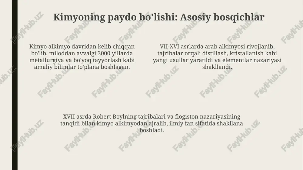 bilimlarning shakllanishi ham davrlarga bo'linishda muhim. xususan, alkimyo davridan 17-asrga o'tishda qarashlar o'zgargan. kimyo tarixini davrlarga bo'lishda asosiy mezonlardan biri bu 18-19-asrlardagi **ilmiy inqiloblar** bo'lib, yangi nazariyalar va qonunlarning kashf etilishi muhim rol o'ynagan. kimyo davrlari **texnologik o'zgarishlar** bilan belgilanadi, misol uchun, metallurgiyaning rivojlanishi yoki sintetik materiallar ishlab chiqarishning boshlanishi kabi 20-asrdagi voqealar. kimyo tarixining predmeti kimyo tarixi predmeti kimyoviy bilimlarning paydo bo'lishi va rivojlanishini o'rganadi, masalan, alkimyodan zamonaviy kimyoga o'tishdagi 17-18-asrlardagi o'zgarishlar diqqat markazida. kimyo tarixi fani elementlar, birikmalar va reaksiyalarning kashf etilishi, ularning 19-asr va 20-asrdagi nazariy asoslanishi va texnologik qo'llanilishini tahlil qiladi. kimyo tarixi kimyo faniga oid manbalarni, jumladan qadimiy qo'lyozmalarni, erta laboratoriya yozuvlarini, 16-asr va undan keyingi olimlarning ilmiy ishlarini o'rganishni qamrab oladi. kimyo tarixining vazifalari kimyo tarixi vazifalaridan biri, kimyoviy bilimlarning erta shakllanishidan to 21-asr texnologiyalarigacha bo'lgan evolyutsiyasini 10000 yildan ortiq vaqt davomida o'rganishdir. kimyo tarixining muhim vazifasi, al-razi va beruniy kabi 9-11 asrlardagi musulmon …