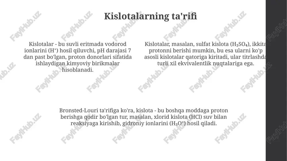 r kuchli korroziy moddalardir va ph darajasi 0 dan past bo'lishi mumkin, ular metallarni eritishga qodir. galogenli kislotalar galogenli kislotalar organik sintezda muhim rol o'ynaydi, chunki ularning galogen atomlari turli xil reaksiyalarda boshqa funktsional guruhlar bilan almashtirilishi mumkin, shu bilan yangi molekulalar yaratiladi. galogenli kislotalar, masalan trifloroatsetik kislota (cf3cooh), karboksil guruhiga birikkan elektronegativ galogen atomlari tufayli oddiy karboksil kislotalarga nisbatan kuchliroq kislotalik namoyon etadi. galogenli kislotalarning kislotaligi galogenning elektronegativligi bilan ortadi; masalan, trixloroatsetik kislota (ccl3cooh) tribromoatsetik (cbr3cooh)ga qaraganda kuchliroq, bu esa induktiv ta'sir bilan izohlanadi. oksokislotalar oksokislotalar tarkibida kamida bitta kislorod atomi boʻlib, u kislotali vodorod atomi bilan bogʻlangan. masalan, sulfat kislota (h₂so₄) ikkita bunday o-h bogʻiga ega, bu uning kislotalik darajasini belgilaydi. ko'pgina oksokislotalar, xususan, azot kislotasi (hno₃) kabi kuchli oksidlovchi xususiyatlarga ega. ularning oksidlovchi qobiliyati markaziy atomning oksidlanish darajasi bilan bog'liq bo'ladi. oksokislotalarning kislotalik kuchi markaziy atomning elektr manfiyligi va unga birikkan kislorod atomlari soniga bog'liq. perxlorat kislota …