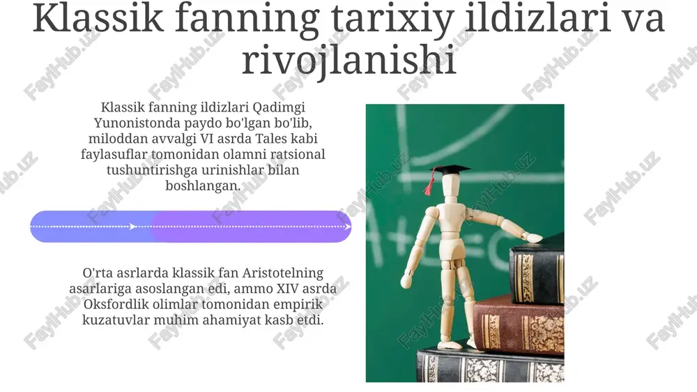 tizimlarni soddalashtirish, muhim bo'lmagan omillarni e'tibordan chetda qoldirib, asosiy omillarga e'tiborni qaratishdir. misol uchun, ideal gaz modeli. modellashtirish klassik fanda muhim rol o'ynaydi; fizik hodisalarni matematik tenglamalar orqali ifodalash va 16-19 asrlarda bashorat qilish imkonini beradi. klassik fan paradigmasi klassik fan paradigmasi tabiatning deterministik ekanligiga ishonadi, ya'ni 100% aniqlik bilan o'lchash orqali kelajakni bashorat qilish mumkin deb hisoblaydi. u ob'ektivlikka katta urg'u beradi: olimning shaxsiy qarashlari tadqiqot natijalariga ta'sir qilmasligi kerak, faqat 0 xatolik bo'lishi zarur. e'tiboringiz uchun rahmat image4.jpg image5.jpg image6.jpg image7.jpg image8.jpg image9.jpg image10.jpg image11.jpg image12.jpg image13.jpg image14.jpg image15.jpg image16.jpg image17.jpg image18.jpg image19.jpg image20.jpg image1.jpeg image2.jpeg image3.jpeg