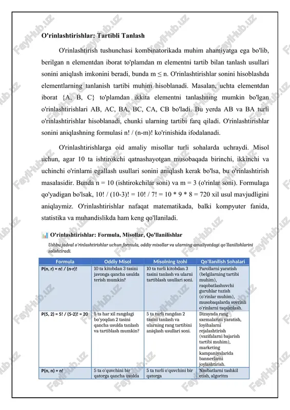marta takrorlanishi mumkin, bu takrorlanuvchi o'rinlashtirish masalasidir. bunda n = 4 (harflar soni) va m = 3 (kod uzunligi). formulaga qo'yadigan bo'lsak, 4^3 = 64 xil kod yaratish mumkinligini aniqlaymiz. takrorlanuvchi o'rinlashtirishlar kriptografiyada, ma'lumotlarni siqishda va dasturlashda qo'llaniladi. takrorlanuvchi guruhlashlar takrorlanuvchi guruhlashlar n ta elementdan iborat to'plamdan m ta elementni tanlash usullari sonini hisoblaydi, bunda har bir element bir necha marta takrorlanishi mumkin va elementlarning tanlanish tartibi ahamiyatga ega emas. bu o'ziga xos holat bo'lib, uning formulasi (n + m - 1)! / (m! * (n - 1)!) ko'rinishida ifodalanadi. masalan, agar bizda 3 xil turdagi shirinliklar mavjud bo'lsa (a, b, c) va biz 4 ta shirinlik tanlamoqchi bo'lsak, bunda har bir turdan bir nechta shirinlik tanlashimiz mumkin, bu takrorlanuvchi guruhlash masalasidir. misol uchun, agar n = 3 (shirinliklar turlari) va m = 4 (tanlanadigan shirinliklar soni) bo'lsa, formula (3 + 4 - 1)! / (4! * (3 - 1)!) …