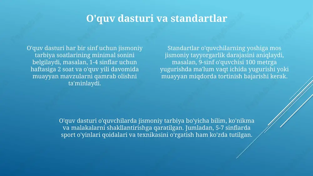 htirokini ta'minlashni maqsad qiladi, moslashtirilgan mashqlar orqali. jismoniy tarbiyada inklyuzivlik 3-toifadagi nogironligi bo'lgan o'quvchilarga ham moslashtirilgan dasturlar bilan ishtirok etish imkoniyatini beradi, ularning qobiliyatlarini hisobga olgan holda. gender tengligi shuni ta'minlaydiki, o'g'il va qiz bolalar bir xil imkoniyatlarga ega bo'lishadi. misol uchun, 50/50 nisbatda sport turlarini tanlash imkoniyati yaratiladi. sog'lom turmush tarzi targ'iboti maktablarda muntazam ravishda sport musobaqalari va sog'lomlashtirish tadbirlarini tashkil etish, kamida 2 marta chorakda, o'quvchilarning jismoniy faolligini oshirish va sog'lom raqobat muhitini yaratadi. maktablarda har kuni 15 daqiqadan kam bo'lmagan ertalabki badantarbiyalarni o'tkazish, o'quvchilarning kun davomida tetik bo'lishiga va kayfiyatini yaxshilashga yordam beradi. sog'lom ovqatlanish bo'yicha darslar tashkil etish, o'quvchilarga meva va sabzavotlarning 5 ta asosiy guruhi haqida ma'lumot berib, ularning ratsionini yaxshilashga ko'maklashadi. ota-onalar bilan hamkorlik ota-onalar farzandlarining jismoniy faolligi darajasini 60 daqiqa davomida kuzatib borishlari va maktab bilan hamkorlikda jismoniy tarbiya darslariga qiziqishini oshirishga yordam berishlari kerak. ota-onalar sport tadbirlarida 75% ishtirok etishlari va farzandlarining …