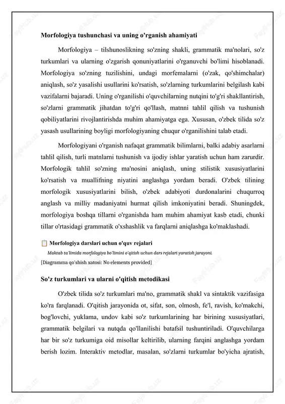 va foydalanish tendentsiyalarini ko'rsatadi. o'quv dasturlarida so'z yasalishi mavzusining qamrovi 95% maktab o'quv dasturlarining 95 foizida so'z yasalishi mavzusi qamrab olingan. o'qituvchilarning so'z yasalishi bo'yicha metodik qo'llanmalardan foydalanish darajasi 78% o'qituvchilarning 78 foizi so'z yasalishi bo'yicha dars berishda maxsus metodik qo'llanmalardan foydalanadi. interfaol metodlardan foydalanish soni (an'anaviy usullarga nisbatan) 2x so'z yasalishini o'rgatishda interfaol metodlar an'anaviy usullarga nisbatan 2 barobar ko'p qo'llaniladi. so'z yasalishini tushunish darajasi (o'quvchilar o'rtasida) 82% so'z yasalishini o'rgangan o'quvchilarning 82 foizi mavzuni yaxshi tushunadi. amaliy mashqlar va topshiriqlarga ajratilgan vaqt 45% dars vaqtining 45 foizi so'z yasalishi bo'yicha amaliy mashqlar va topshiriqlarni bajarishga sarflanadi. morfologik tahlil va uni o'tkazish bosqichlari morfologik tahlil – so'zning grammatik xususiyatlarini, so'z turkumini, shaklini va boshqa morfologik belgilarini aniqlash jarayonidir. morfologik tahlil o'quvchilarga matnni tushunish, so'zlarning ma'nosini aniqlash va nutqni to'g'ri shakllantirishga yordam beradi. morfologik tahlilning bosqichlari quyidagicha: 1) so'zning gapdagi o'rnini aniqlash; 2) so'z turkumini belgilash; 3) so'zning shaklini (bosh …