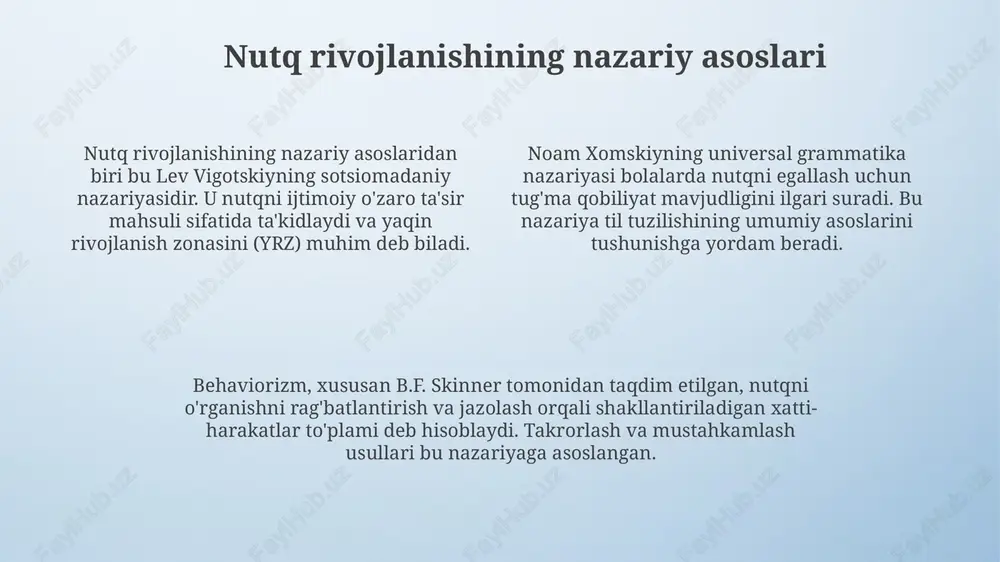 shga qaratilgan mobil ilovalar fonetik o'yinlar, so'z boyligi mashqlari bilan ta'minlaydi. har bir bola uchun moslashtirilgan 5-10 daqiqalik mashg'ulotlar o'tkazish imkoniyati mavjud. multimedia taqdimotlari vizual qo'llab-quvvatlash va eshitishni o'z ichiga oladi. nutq mashqlari va hikoyalar uchun foydali, bolalarning diqqatini jalb qilib, til ko'nikmalarini oshiradi. nutqni rivojlantirishda individual yondashuv individual yondashuv, bolaning 2 muhim nutqiy qobiliyatini: fonetik-fonematik va grammatik tuzilishini hisobga oladi. oddiy qilib aytganda, to'g'ri talaffuz qilish va so'zlarni to'g'ri qo'llash. individual yondashuvda har bir bolaning 4-5 yoshdagi nutqiy rivojlanish darajasi, qiziqishlari va ehtiyojlari diagnostika orqali aniqlanadi hamda shunga mos o'quv dasturi tuziladi. nutqni rivojlantirishda individual yondashuv, bolaning 3 asosiy qobiliyatini (tinglash, gapirish, tushunish) har birini alohida baholash va har biriga individual mashqlar tanlashni nazarda tutadi. nutqni rivojlantirishni rejalashtirish va tashkil etish nutqni rivojlantirish rejalashtirishda 3-4 yoshli bolalar uchun 15-20 daqiqalik mashg'ulotlar, haftada kamida 2 marta o'tkazish maqsadga muvofiq, mavzular bolaning qiziqishiga mos bo'lishi kerak. tashkil etishda nutqiy muhit yaratish …