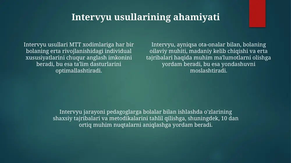 alaydi. misol uchun, samimiy tabassum va ochiq qo'l harakatlari ishonchni oshiradi, bolalar bilan munosabatlarda muhim ahamiyatga ega. intervyu natijalarini qayta ishlash va tahlil qilish intervyu davomida olingan audio yoki video yozuvlarni transkripsiya qilish orqali, ma'lumotlarni aniq tahlil qilish va xulosalar chiqarish imkoniyati yaratiladi, shuningdek, xatoliklar kamayadi. intervyu natijalarini qayta ishlashda 1 dan 5 gacha bo'lgan shkala bo'yicha baholash, kodlash va tematik tahlil kabi usullardan foydalanish bolaning rivojlanish tendensiyalarini aniqlashga yordam beradi. kvalitativ ma'lumotlar uchun tematik tahlil qo'llaniladi, bunda asosiy mavzular belgilanadi va ularning takrorlanish darajasi hisoblanadi, natijada bolaning ehtiyojlari aniqlanadi. olingan ma'lumotlardan foydalanish (bolani rivojlantirish dasturini tuzish, ota-onalar bilan ishlash) intervyu natijalari asosida bolaning individual rivojlanish dasturini tuzishda, ayniqsa 3-5 yosh guruhidagi bolalar uchun, uning qiziqishlari va zaif tomonlari hisobga olinadi. ota-onalar bilan ishlashda intervyu ma'lumotlari bolaning uy muhitidagi xususiyatlari va ota-onalarning tarbiyaviy pozitsiyalari haqida 10 tadan ortiq muhim faktlarni aniqlashga yordam beradi. olingan ma'lumotlar asosida bolaning rivojlanishidagi muammolarni aniqlash …