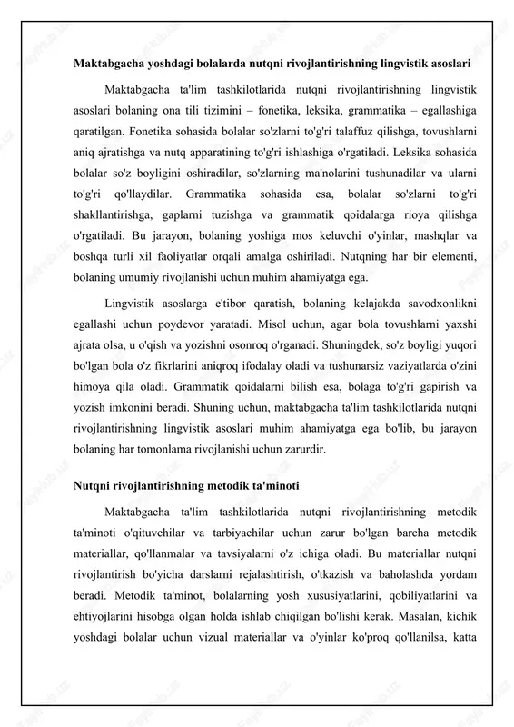 lotining birgalikdagi harakatlari bolaning nutqi rivojlanishini sezilarli darajada yaxshilaydi. nutqni rivojlantirishda innovatsion texnologiyalardan foydalanish zamonaviy maktabgacha ta'limda nutqni rivojlantirishda innovatsion texnologiyalardan foydalanish tobora ommalashib bormoqda. kompyuter o'yinlari, interaktiv doskalar, multimedia taqdimotlari va boshqa texnologik vositalar bolalarning nutqini qiziqarli va samarali tarzda rivojlantirishga yordam beradi. masalan, maxsus dasturlar yordamida bolalar tovushlarni to'g'ri talaffuz qilishni, so'zlarni aniq aytishni va gaplarni to'g'ri tuzishni o'rganishlari mumkin. shuningdek, interaktiv doskalar yordamida bolalar rasmlar, videolar va animatsiyalar bilan ishlashlari mumkin, bu esa ularning so'z boyligini oshiradi va ularning nutqini rivojlantiradi. innovatsion texnologiyalardan foydalanish o'qituvchilar va tarbiyachilar uchun ham qulaylik yaratadi. ular darslarni rejalashtirish va o'tkazishda, bolalarning bilimlarini baholashda va ularning rivojlanishini kuzatishda texnologiyalardan foydalanishlari mumkin. lekin, texnologiyalardan haddan tashqari foydalanish bolalarning sog'lig'iga zarar yetkazishi mumkinligini unutmaslik kerak. shuning uchun, texnologiyalardan o'rtacha va maqsadli foydalanish, bolalarning yosh xususiyatlarini hisobga olgan holda amalga oshirilishi kerak. misol uchun, kun davomida texnologiyalardan foydalanish vaqti cheklanishi, shuningdek, bolalarning jismoniy faolligi va …