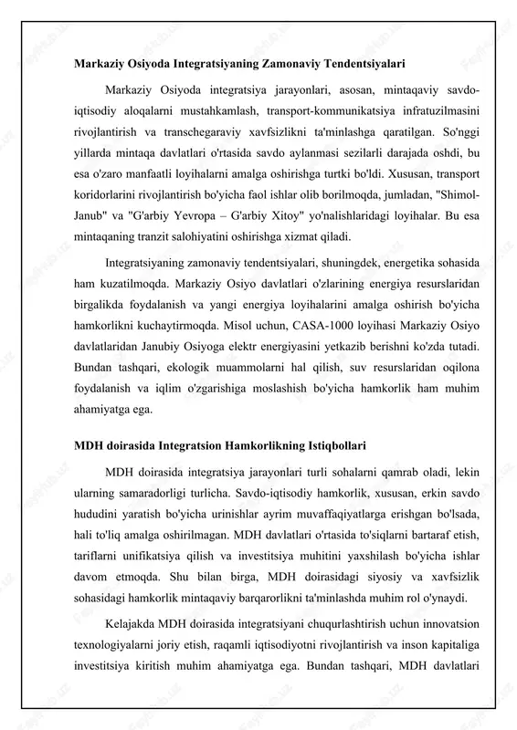onlarining tezligi va chuqurligini aniqlaydi. ijtimoiy omillar, xususan, migratsiya, ta'lim va madaniy aloqalar integratsiya jarayonlarining barqarorligini ta'minlaydi. madaniy omillar, jumladan, til, din va urf-odatlar integratsiya jarayonlariga ham ijobiy, ham salbiy ta'sir ko'rsatishi mumkin. umumiy madaniy qadriyatlar va an'analar davlatlar o'rtasidagi o'zaro tushunishni mustahkamlaydi va hamkorlikni osonlashtiradi. biroq, madaniy farqlar ba'zida kelishmovchiliklarga sabab bo'lishi va integratsiya jarayonlarini sekinlashtirishi mumkin. shuning uchun, integratsiya jarayonlarini rejalashtirishda va amalga oshirishda madaniy omillarni hisobga olish muhim ahamiyatga ega. 📈 markaziy osiyo davlatlarining mdh bilan savdo aylanmasi hajmi (2018-2022) ushbu chart markaziy osiyo davlatlarining mdh davlatlari bilan 2018-2022 yillardagi savdo aylanmasi hajmini ko'rsatadi. raqamli iqtisodiyotning integratsiyaga qo'shgan hissasi raqamli iqtisodiyot integratsiya jarayonlariga katta hissa qo'shmoqda. elektron tijorat, onlayn xizmatlar va raqamli infratuzilma davlatlar o'rtasidagi savdo aloqalarini osonlashtiradi, investitsiya oqimini tezlashtiradi va innovatsion texnologiyalarni joriy etishni rag'batlantiradi. raqamli texnologiyalar transchegaraviy hamkorlik uchun yangi imkoniyatlar yaratadi va global iqtisodiyotga integratsiyalashuv jarayonlarini tezlashtiradi. markaziy osiyo davlatlari raqamli iqtisodiyotni rivojlantirish …