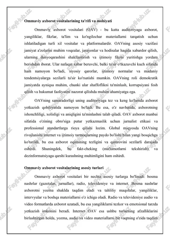 taqqoslanishi item tezkorlik qamrov ishonchlilik chuqurlik televideniye yuqori keng o'rtacha o'rtacha gazetalar past mahalliy yuqori yuqori internet-portallar yuqori global o'zgaruvchan past ommaviy axborot vositalarining jamiyatga ta'siri ommaviy axborot vositalari jamiyatga kuchli ta'sir ko'rsatadi. ular odamlarning dunyoqarashini shakllantirish, ijtimoiy normalarni o'rnatish va siyosiy qarorlarni qabul qilishga ta'sir o'tkazishga qodir. oav orqali tarqatiladigan axborot ijtimoiy muammolarga e'tiborni jalb qilishi, odamlarni birlashtirishi va ijobiy o'zgarishlarga undashi mumkin. masalan, atrof-muhit muammolari, inson huquqlari va ijtimoiy tengsizlik haqidagi xabarlar odamlarning xabardorligini oshirishi va faol harakatlarga turtki berishi mumkin. shuningdek, oav madaniy almashinuvni rag'batlantirishi va turli madaniyatlar o'rtasida o'zaro tushunishni yaxshilashi mumkin. biroq, oavning ta'siri har doim ham ijobiy bo'lavermaydi. ularning axborotni tanlash, taqdim etish va sharhlash usullari odamlarning fikrlarini manipulyatsiya qilishga olib kelishi mumkin. propaganda, noto'g'ri axborot va sensatsionalizm oavning salbiy ta'sirining misollaridir. bundan tashqari, oavda zo'ravonlik, irqchilik va gender stereotiplarini aks ettirish jamiyatda salbiy tendentsiyalarni kuchaytirishi mumkin. shuning uchun, oavning ta'sirini baholashda tanqidiy fikrlash …