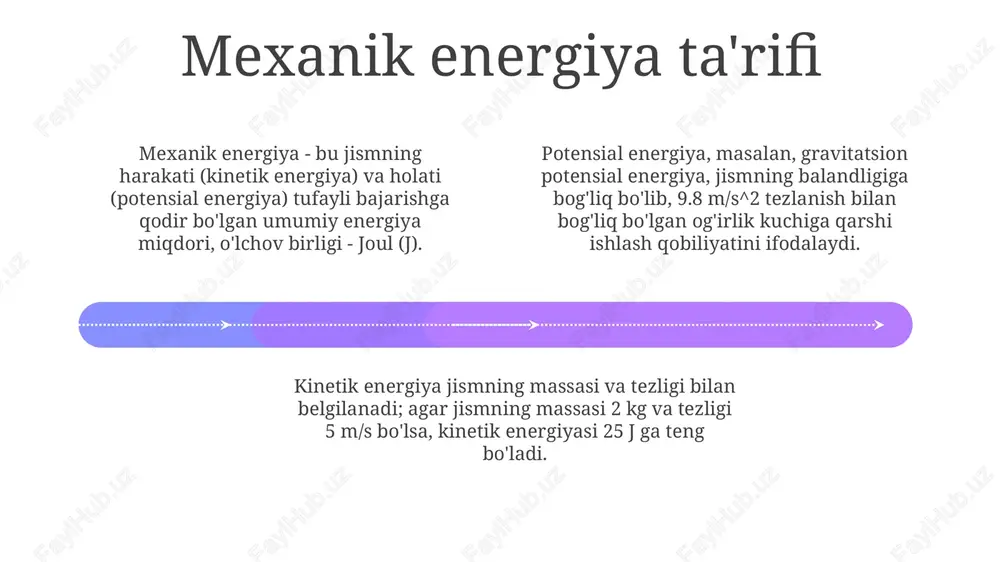 misollari add text add text add text add text add text add text og'irligi 5 kg bo'lgan toshni 2 metr balandlikka ko'tarishda bajarilgan ish uning potensial energiyasini oshiradi, ishning miqdori taxminan 98 joule ga teng bo'ladi. agar siz 10 nyuton kuch bilan bir jismni 5 metrga sursangiz, bajarilgan ish 50 joulga teng bo'ladi. ish kuch va ko'chishning ko'paytmasiga teng. gorizontal yuzada 2 kg massali qutini 3 m/s tezlikda harakatlantirish uchun ish bajarish kerak. kinetik energiya o'zgarishi ishga teng, ya'ni 9 j ish bajariladi. mexanik energiyaning saqlanish qonuni 01 02 03 mexanik energiyaning saqlanish qonuni yopiq tizimda ishqalanish yoki dissipsiya bo'lmasa, kinetik va potensial energiyalarning umumiy yig'indisi doimiy bo'lib qolishini ta'kidlaydi. agar konservativ kuchlar ishlasa, tizimning umumiy mexanik energiyasi, ya'ni kinetik energiyaning potensial energiyaga qo'shilishi doimiy bo'lib qoladi, δke + δpe = 0. mexanik energiyaning saqlanish qonuni jismning harakatini tahlil qilishda muhimdir; bunda 1/2 * m * v^2 + m * …