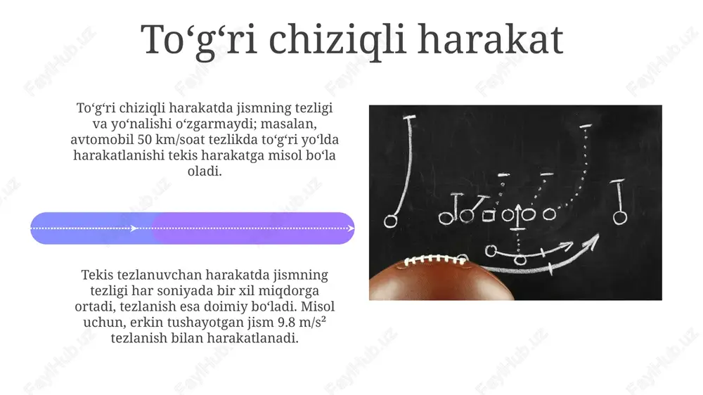 inadi: ko'ndalang to'lqinlar (masalan, yorug'lik) tebranish yo'nalishi tarqalish yo'nalishiga perpendikulyar va bo'ylama to'lqinlar (masalan, tovush) esa parallel bo'ladi. kinematika va dinamika tenglamalari kinematika tenglamalari jismning harakatini kuchlarni hisobga olmagan holda tasvirlaydi, masalan, v = u + at tezlikning vaqtga bog'liqligi, bu yerda 'a' - tezlanish, 't' - vaqt. dinamika tenglamalari harakatga sabab bo'luvchi kuchlarni o'rganadi, nyutonning ikkinchi qonuni (f = ma) kabi, bu yerda 'f' - kuch, 'm' - massa va 'a' - tezlanish. e'tiboringiz uchun rahmat image4.jpg image5.jpg image6.jpg image7.jpg image8.jpg image9.jpg image10.jpg image11.jpg image12.jpg image13.jpg image14.jpg image15.jpg image16.jpg image17.jpg image18.jpg image19.jpg image20.jpg image1.jpeg image2.jpeg image3.jpeg