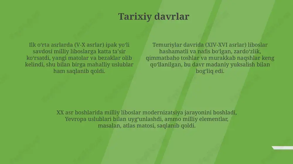 z kechish matolarning uzoq umrini ta'minlaydi. milliy liboslarni saqlashda haroratni 18-22 °c va namlikni 45-55% darajasida ushlab turish muhim, to'g'ridan-to'g'ri quyosh nurlaridan himoya qilish kerak. tiklash jarayonida original materiallar va tikuv usullarini imkon qadar saqlash, tarixiy texnologiyalarni o'rganish va ularni takrorlash katta ahamiyatga ega. muzeylar va kolleksiyalar ko'plab muzeylar doimiy ekspozitsiyalarga ega bo'lib, ularda milliy liboslarning eng yaxshi namunalarini, shu jumladan 18-20-asrlarga oid noyob artefaktlarni ko'rish mumkin. etnografik muzeylar milliy liboslar tarixini chuqur o'rganish imkoniyatini beradi, turli davrlarga oid 500 dan ortiq elementlarni namoyish etadi, ularning evolyutsiyasini tushuntiradi. xususiy kolleksiyalar va fondlar milliy liboslar bo'yicha 1000 dan ziyod nodir namunalarni saqlaydi, ularning aksariyati ommaga kamdan-kam namoyish etiladi va katta qimmatga ega. kelajak istiqbollari milliy liboslar kelajakda 3d bosma texnologiyalari orqali yanada innovatsion dizaynlarga ega bo'lishi mumkin, bu esa an'anaviy uslublarni yangi materiallar bilan birlashtirishga yordam beradi. 2050-yilga borib, milliy liboslar virtual reallikda keng tarqalishi kutilmoqda, bu esa odamlarga ularni sinab …