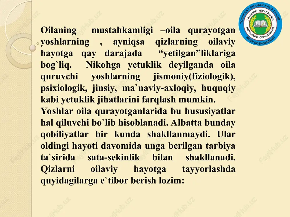 arshi bo’lgan hulq-atvorni shakllanishiga olib keladi va shu bilan birga u ko’pgina yo’l-harakati fojialariga olib kelib, bu o’z o’rnida yoshlarni nogironligi va o’limiga sabab bo’ladi. alkogolizm muammolari o’smirning yoshi ulg’aygani sari ko’payib boradi va u qizlardan ko’ra yigitlar orasida ko’proq tarqalgandir. asosan, spirtli ichimliklarni o’smirlar tomonidan iste'mol qilinishiga ular tomonidan tashkil etilayotgan yig’inlar sabab bo’lmoqda. jinsiy tarbiya va hulq atvor jinsiy tarbiya umumahloqiy tarbiyaning bir qismi bo’lib, uning asosida o’smir yoshlarni «katta hayot» va mas’uliyatli ota-onalikka tayyorlash yotadi. bu tarbiya o’smir ulg’aygani sari murakkablashib boradi. bugungi kunda yoshlar jinsiy munosabatlar haqida yetarlicha ma'lumotga ega bo’lmasada, jinsiy hayotni erta boshlashmoqda. xo’sh, jinsiy tarbiyani qaysi yoshdan boshlab berish kerak va u o’z ichiga nimalarni qamrab olishi kerak? jinsiy tarbiyani farzand balog’at yoshiga yetgan davrdan emas, balki uning murg’aklik davridanoq boshlash kerak. dunyoda har yili 15 yoshdan 19 yoshgacha bo’lgan qizlarning 14 millioni turmushga chiqib va chiqmasdan homilador bo’ladilar. ma'lumot va bilimning yetarli …