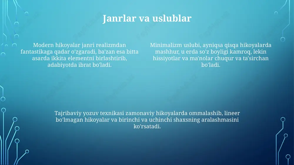 iradi, 5 dan ortiq turli yakuniy natijalarga olib kelishi mumkin. hikoyalarda innovatsiyalar ko'pincha noan'anaviy syujet tuzilmalarini o'z ichiga oladi, masalan, chiziqsiz hikoyalar yoki 2-shaxs nuqtai nazaridan foydalanish, bu o'quvchini jalb qilish uchun yangi usuldir. zamonaviy hikoyalarda gibrid janrlar tobora ommalashib bormoqda, masalan, ilmiy fantastika elementlari bilan aralashgan realistik adabiyot, bu yangi tematik tadqiqotlar uchun 10 dan ortiq imkoniyat yaratadi. global nuqtai nazar global nuqtai nazardan, zamonaviy hikoyalar 21-asr boshida globalizatsiya va texnologik taraqqiyot ta'sirida turli xil madaniyatlarni aks ettiradi. modern hikoyalar dunyo muammolari, ijtimoiy adolatsizliklar va ekologik inqirozlarni qamrab olgan holda, global auditoriyaga 1990-yillardan boshlab murojaat qila boshladi. adabiy sayohatchilik va transmilliyizm kabi tendentsiyalar hikoyalarda madaniy gibridlikni yaratadi, 2000-yillardan keyin turli xalqlar qahramonlariga e'tibor qaratiladi. kelajak istiqbollari 2050 yilga kelib, sun'iy intellekt va avtomatlashtirish hikoyalar qahramonlari va syujetlari dinamikasini o'zgartirib, insoniyat va texnologiya o'rtasidagi munosabatlarni yangicha yoritadi. virtual reallik va kengaytirilgan reallikning rivojlanishi interaktiv hikoyalar uchun yangi imkoniyatlar yaratadi, o'quvchilar …