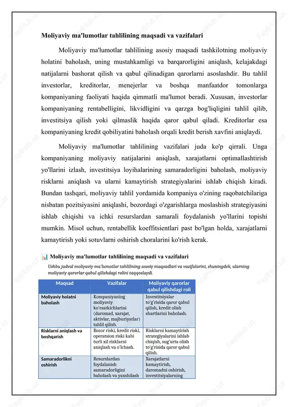 i aniqlashdir. koeffitsientlar tahlili - bu moliyaviy ko'rsatkichlar orasidagi munosabatlarni o'rganish orqali kompaniyaning moliyaviy holatini baholashdir. masalan, likvidlik koeffitsientlari kompaniyaning qisqa muddatli majburiyatlarni qoplash qobiliyatini baholashga yordam beradi. rentabellik koeffitsientlari kompaniyaning daromad keltirish samaradorligini ko'rsatadi. qarzga bog'liqlik koeffitsientlari kompaniyaning qarzlariga bog'liqligini aniqlaydi. masalan, joriy likvidlik koeffitsienti (current ratio) aktivlar va qisqa muddatli majburiyatlar o'rtasidagi nisbatni ko'rsatadi va 2 dan yuqori bo'lishi yaxshi hisoblanadi. likvidlik va to'lov qobiliyatini baholash likvidlik kompaniyaning qisqa muddatli majburiyatlarini o'z vaqtida bajarish qobiliyatidir. joriy aktivlar (pul mablag'lari, debitorlik qarzlari, zaxiralar) qisqa muddatli majburiyatlarni qoplash uchun yetarli bo'lishi kerak. likvidlikni baholash uchun joriy likvidlik koeffitsienti (current ratio), tezkor likvidlik koeffitsienti (quick ratio) va pul mablag'lari bilan ta'minlanganlik koeffitsienti (cash ratio) kabi ko'rsatkichlardan foydalaniladi. yuqori likvidlik koeffitsientlari kompaniyaning moliyaviy barqarorligini ko'rsatadi. to'lov qobiliyati kompaniyaning uzoq muddatli majburiyatlarini bajarish qobiliyatidir. bu kompaniyaning qarzga bog'liqligi, foiz to'lovlarini qoplash qobiliyati va umumiy moliyaviy barqarorligini aks ettiradi. to'lov qobiliyatini baholash uchun qarz/kapital …