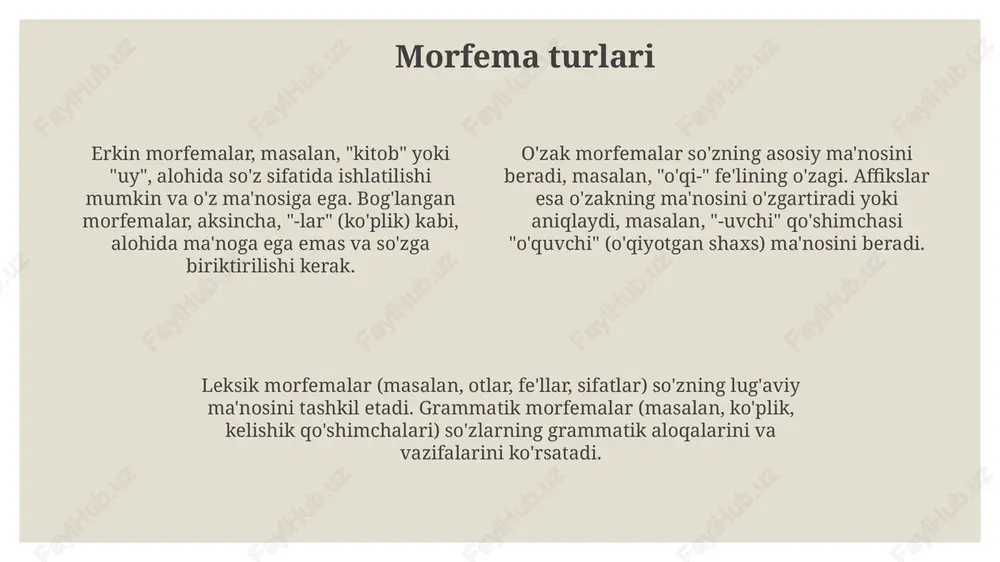 tik ma'nolarni (jins, son, kelishik) bir vaqtning o'zida ifodalaydi, natijada murakkab morfologik tizimlar va 2 dan 3 gacha morfema / so'z bo'lishi mumkin. e'tiboringiz uchun rahmat