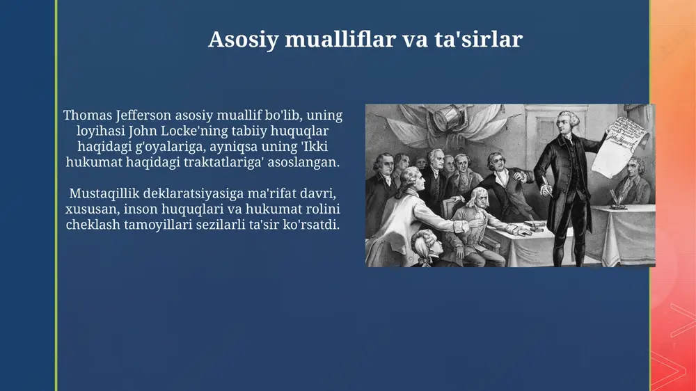 spublika boshqaruv shaklini yaratdi. deklaratsiyaning zamonaviy talqini deklaratsiyaning zamonaviy talqini tenglikni rivojlantirishda davom etmoqda, garchi 1776- yilgi ideallar dastlab 3/5 qoidasi kabi istisnolarga ega bo'lsa ham, bu bugungi kunda muhim ahamiyatga ega. bugungi kunda tabiiy huquqlar tushunchasi kengaytirilib, iqtisodiy va ijtimoiy huquqlarni ham qamrab oladi, garchi deklaratsiya faqat hayot, erkinlik va baxtga intilishni nazarda tutgan bo'lsa-da. deklaratsiyaning davomiyligi deklaratsiya tamoyillari, masalan, tenglik va erkinlik, fuqarolik huquqlari harakatlari va boshqa ijtimoiy adolat uchun kurashlar orqali davom etib, aqsh siyosatiga ta'sir qilishda davom etmoqda. deklaratsiyaning asosiy g'oyalari, ayniqsa tabiiy huquqlar konsepsiyasi, bugungi kunda ham siyosiy munozaralar va huquqiy bahslarda dolzarbligicha qolmoqda hamda 1776 yildan beri ahamiyatini yo'qotmagan. xulosa mustaqillik deklaratsiyasi 1776-yilda qabul qilingan bo'lib, aqshning buyuk britaniyadan ajralib chiqishini rasman e'lon qildi va asosiy tamoyillarni belgilab berdi. ushbu hujjat tabiiy huquqlarni himoya qilish, hukumatning roziligi va inqilob qilish huquqi kabi ma'rifat davrining muhim g'oyalarini o'zida mujassam etgan. e'tiboringiz uchun rahmat slide 1 …