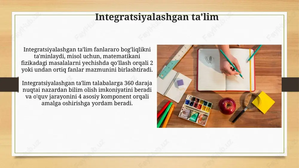 'naltirish kasbiy yo'naltirish o'quvchilarga 9-11 sinflarda 3 bosqichli test orqali 100 dan ortiq kasblar bo'yicha mosligini aniqlashga yordam beradi, shu jumladan psixologik testlar. zamonaviy kasbiy yo'naltirishda "kasblar atlasi 3.0" kabi raqamli resurslar keng qo'llaniladi, bu esa 5000 dan ziyod kasblar haqida ma'lumot beradi va moslashuvchanlikni oshiradi. xalqaro ta'lim tajribasi xalqaro ta'lim tajribasi pisa kabi baholash dasturlari orqali ta’lim sifatini o’lchash va solishtirish imkonini beradi, bu esa 79 dan ortiq davlat ta’lim tizimini takomillashtirishga yordam beradi. ib (international baccalaureate) dasturi 150 dan ortiq davlatda qo'llaniladi va o'quvchilarni tanqidiy fikrlashga, tadqiqot olib borishga va global muammolarni hal qilishga o'rgatadi. e'tiboringiz uchun rahmat slide 1 slide 2 slide 3 slide 4 slide 5 slide 6 slide 7 slide 8 slide 9 slide 10 slide 11 slide 12 slide 13 slide 14 slide 15 slide 16 slide 17 slide 18 slide 19