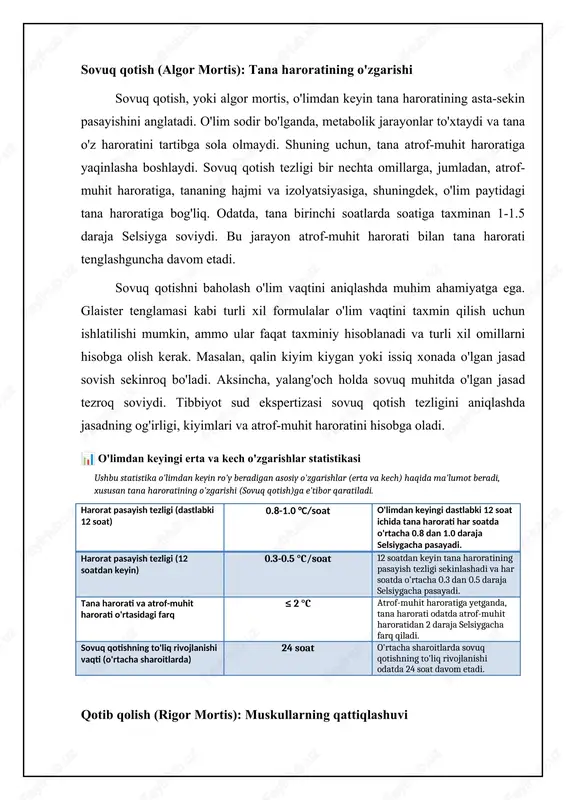 ngga ega bo'lishi mumkin. shuning uchun, gipostazni diqqat bilan kuzatish tibbiyot sud ekspertizasining muhim qismidir. avtoliz: to'qimalarning o'z-o'zidan parchalanishi avtoliz - bu o'limdan keyin hujayralarning o'z-o'zidan parchalanishi, fermentlar ta'sirida yuzaga keladi. o'limdan so'ng hujayralar atp ishlab chiqarishni to'xtatadi va hujayra membranalari buzila boshlaydi. bu hujayra ichidagi lizosomalar, tarkibida hazm qiluvchi fermentlar bo'lgan organellalar, o'z membranalari buzilishiga olib keladi. lizosomalar buzilganda, fermentlar hujayra ichiga tarqalib, hujayra tarkibiy qismlarini hazm qila boshlaydi. bu jarayon avtoliz deb ataladi va u butun tanada sodir bo'ladi. avtoliz darajasi to'qimalarning turi va haroratga bog'liq. fermentlarga boy bo'lgan to'qimalar, masalan, oshqozon osti bezi va ichak shilliq qavati, tezroq avtolizga uchraydi. sovuq harorat ferment faolligini susaytiradi va avtolizni sekinlashtiradi. avtoliz o'lim vaqtini aniqlashda kamroq foydalidir, chunki u juda o'zgaruvchan va boshqa postmortem o'zgarishlar bilan birgalikda talqin qilinishi kerak. shunga qaramay, organlarning gistologik tekshiruvi avtoliz darajasini aniqlashga va o'lim sababini aniqlashda yordam berishi mumkin. ko'z o'zgarishlari: ko'z qorachig'i va …