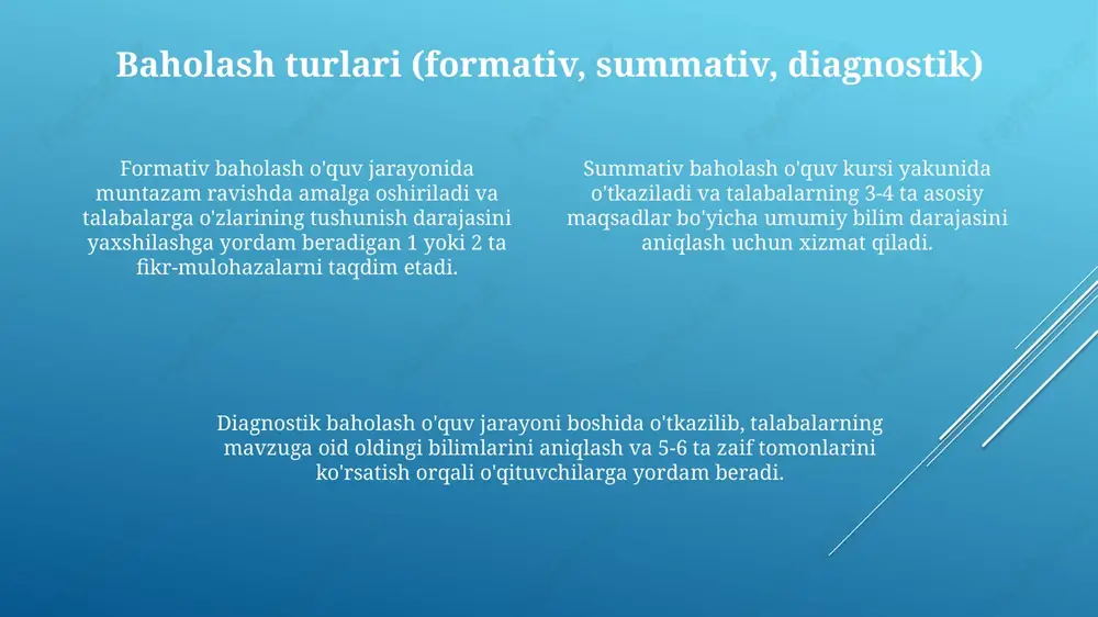 h yoki qo'shimcha yordam berish maxsus ehtiyojli talabalarga imkoniyat yaratadi, bu ularning natijalarini 25% ga yaxshilashi mumkin. maxsus ehtiyojli talabalarni baholashda ularning individual ta’lim rejalari (itp) hisobga olinishi zarur, bunda maqsad - ularning qobiliyatlarini 100% aniq baholashdir. alternativ baholash usullaridan foydalanish, masalan, og'zaki hisobotlar yoki ijodiy loyihalar, maxsus ehtiyojli talabalarning bilimi va ko'nikmalarini aniqlashga yordam beradi, ko'rsatkichlar 80% dan yuqori bo'lishi mumkin. baholash vositalarini ishlab chiqish va validatsiya qilish baholash vositalarini ishlab chiqishda aniq o'lchov mezonlari (masalan, rubric) yaratish muhim, ularning mazmuni va konstruktiv validligini tekshirish talab etiladi. validatsiya jarayonida olingan ma'lumotlar vosita maqsadiga mosligini (amaliy validlik) tasdiqlashi kerak. kamida 3 ta ekspert fikrini olish va tahlil qilish zarur. baholash vositasining ishonchliligini oshirish uchun, uni 30 dan ortiq talabalarda sinab ko'rish va qayta sinov ishonchliligi koeffitsientini hisoblash lozim. baholashni boshqarish va siyosati baholash siyosati 100% adolatli va shaffof bo'lishi, baholash jarayonlari va natijalarini boshqarishda talabalar huquqlarini himoya qilishni ta'minlashi kerak. …